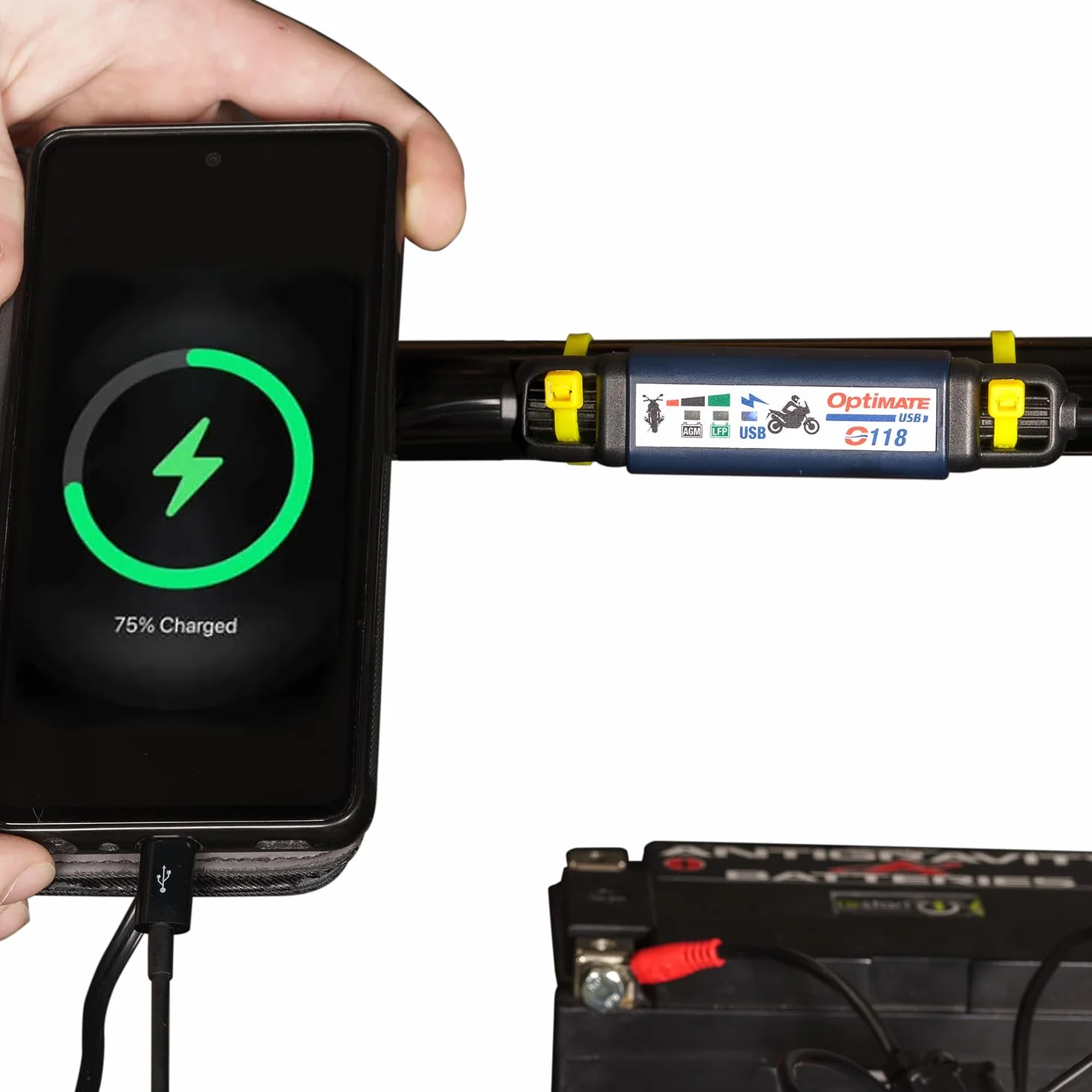 OptiMate USB O-118, inteligentna ładowarka motocyklowa 3300 mA USB-C, z trybem czuwania i monitorem akumulatora pojazdu