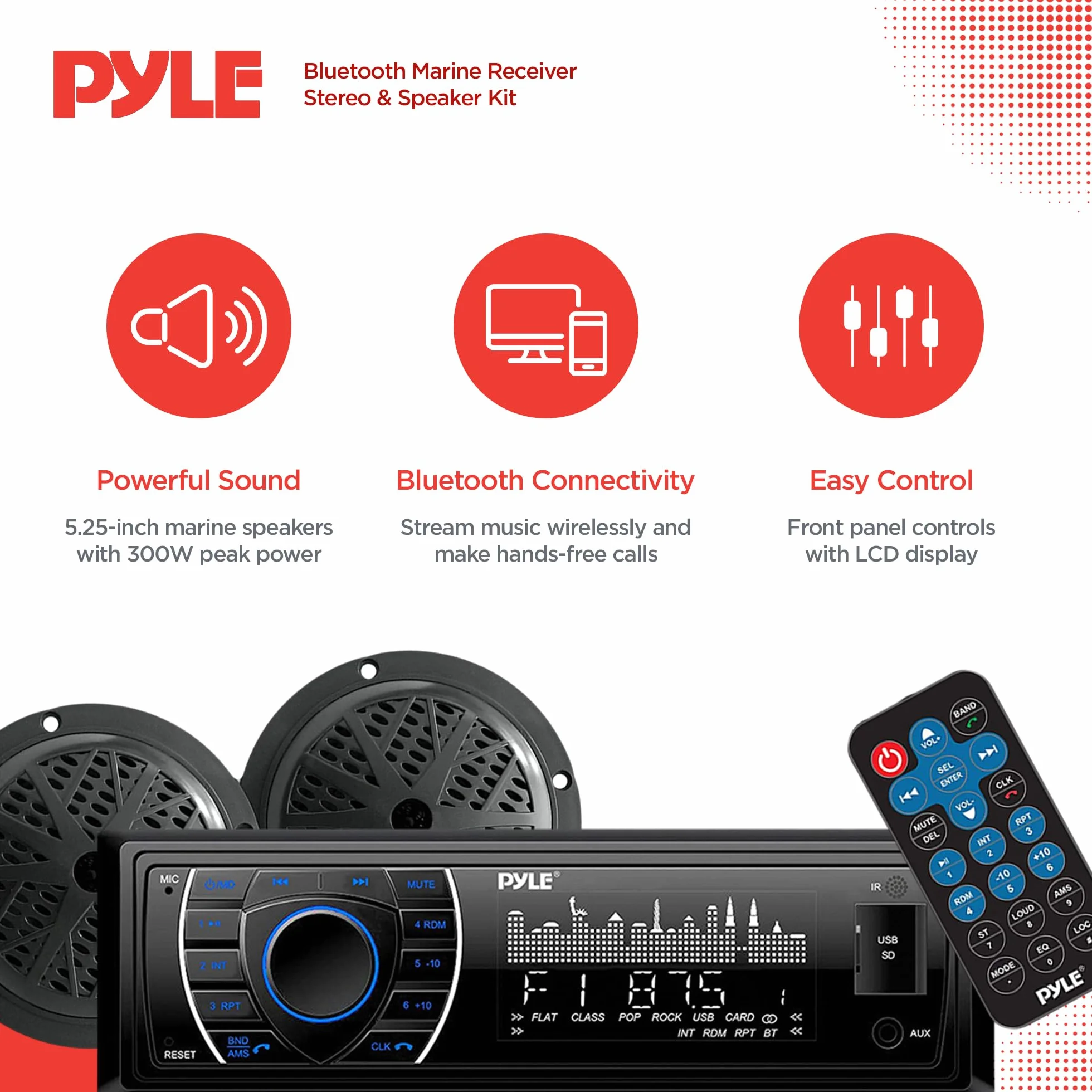 Pyle zestaw morskiego odbiornika i głośników – wbudowane cyfrowe radio stereo LCD z Bluetooth i mikrofonem, system AM/FM, 2 wodoodporne głośniki 5,25", odtwarzacz MP3/SD oraz pilot zdalnego sterowania