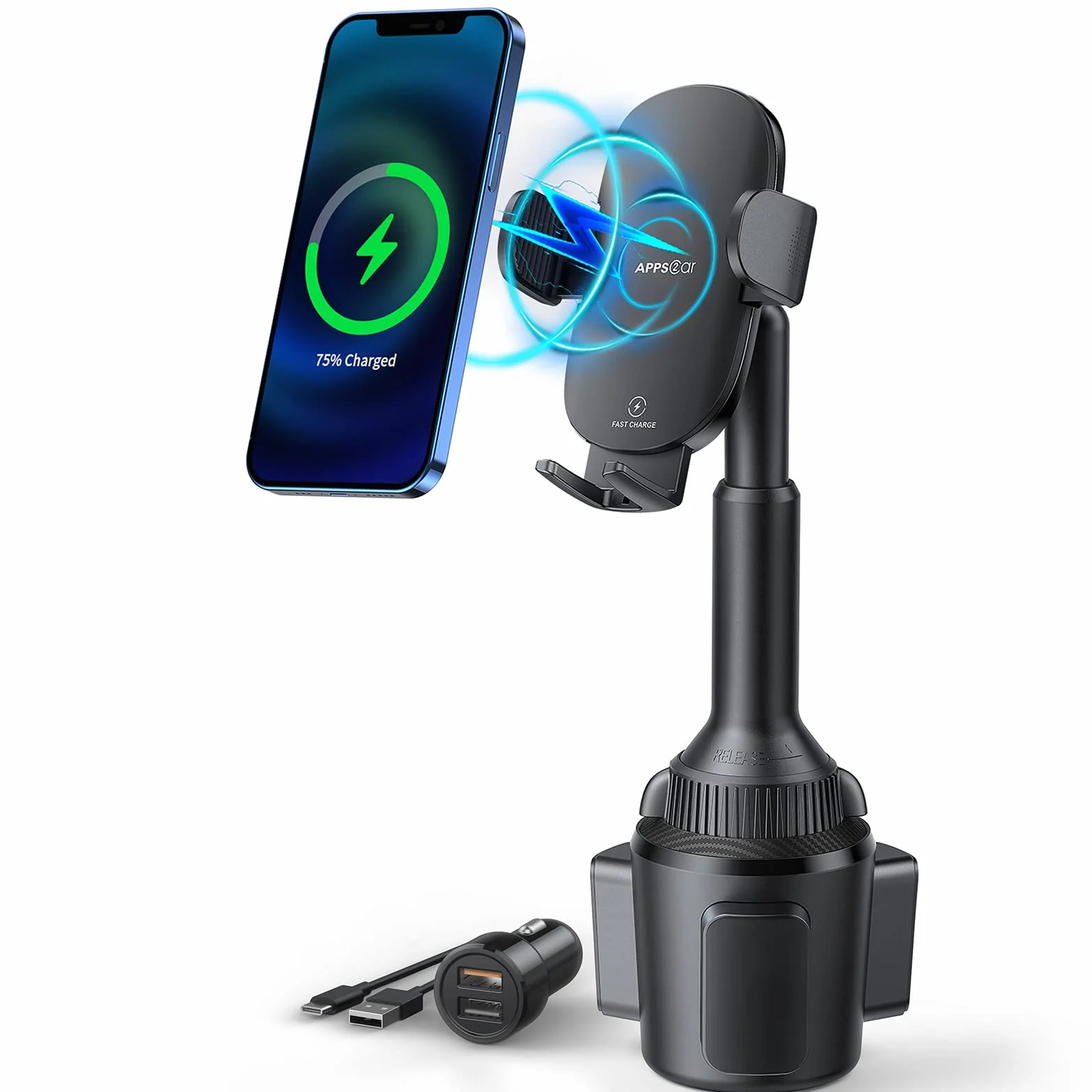 Apps2Car Samochodowy uchwyt na telefon komórkowy z funkcją ładowania, 15 W, szybka ładowarka samochodowa, uchwyt na kubek, ładowarka Qi, uchwyt na telefon z adapterem Qc 3.0, kompatybilny z iPhone'ami