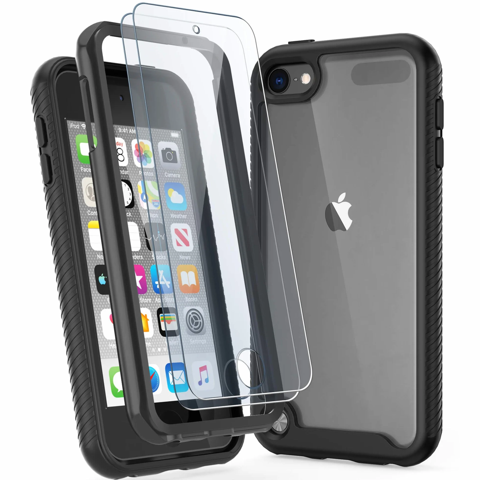 ULAK Etui do iPod Touch 7, etui iPod Touch 6/5 2w1 z wbudowaną osłoną ekranu z przodu i z tyłu, przezroczyste, pełna ochrona, odporne na wstrząsy etui do iPoda Touch 7, 5., 6, czarne