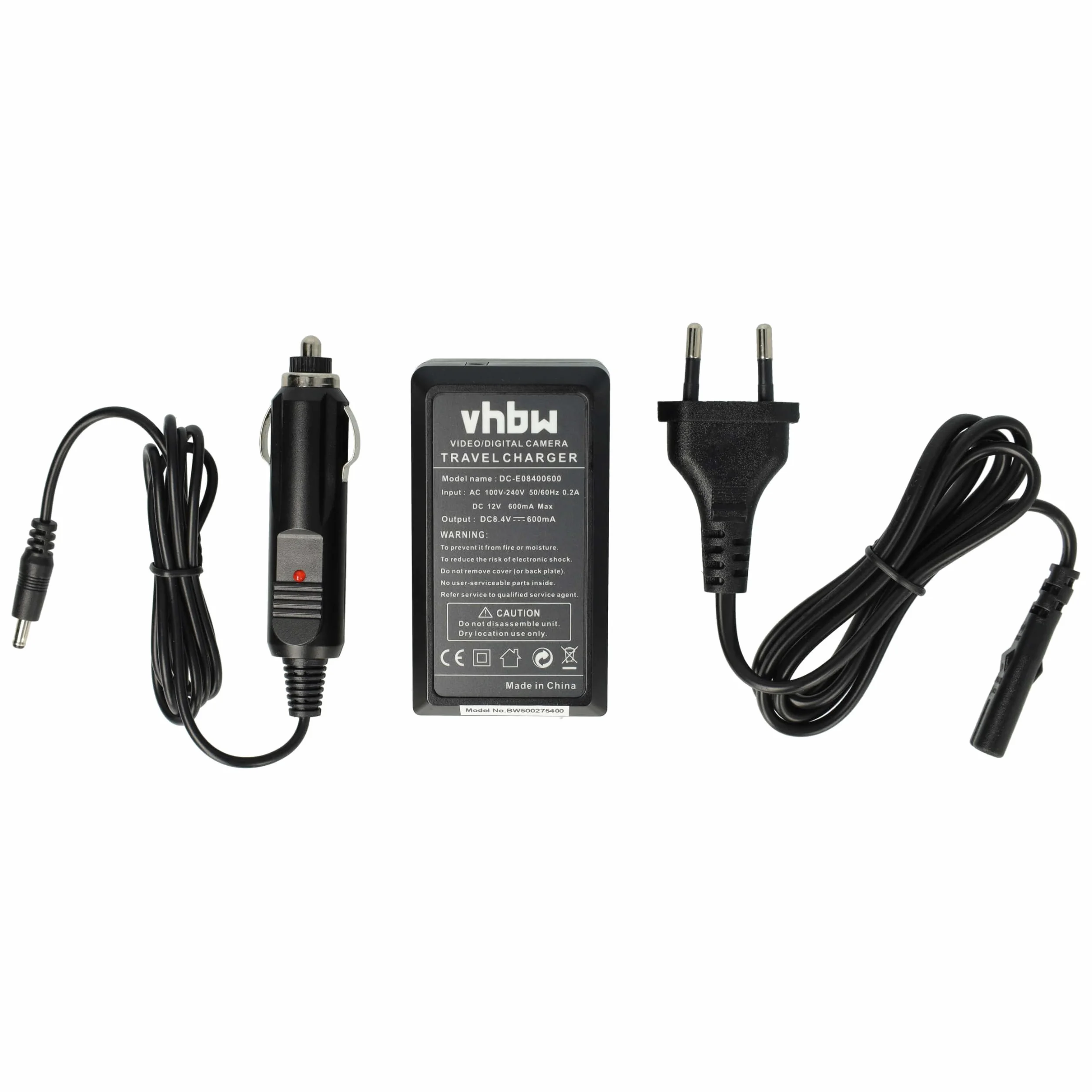 vhbw Ładowarka kompatybilna z kamerą Hitachi DZ-MV550A, DZ-MV580A - ładowarka, adapter samochodowy, wskaźnik ładowania, 8,4 V