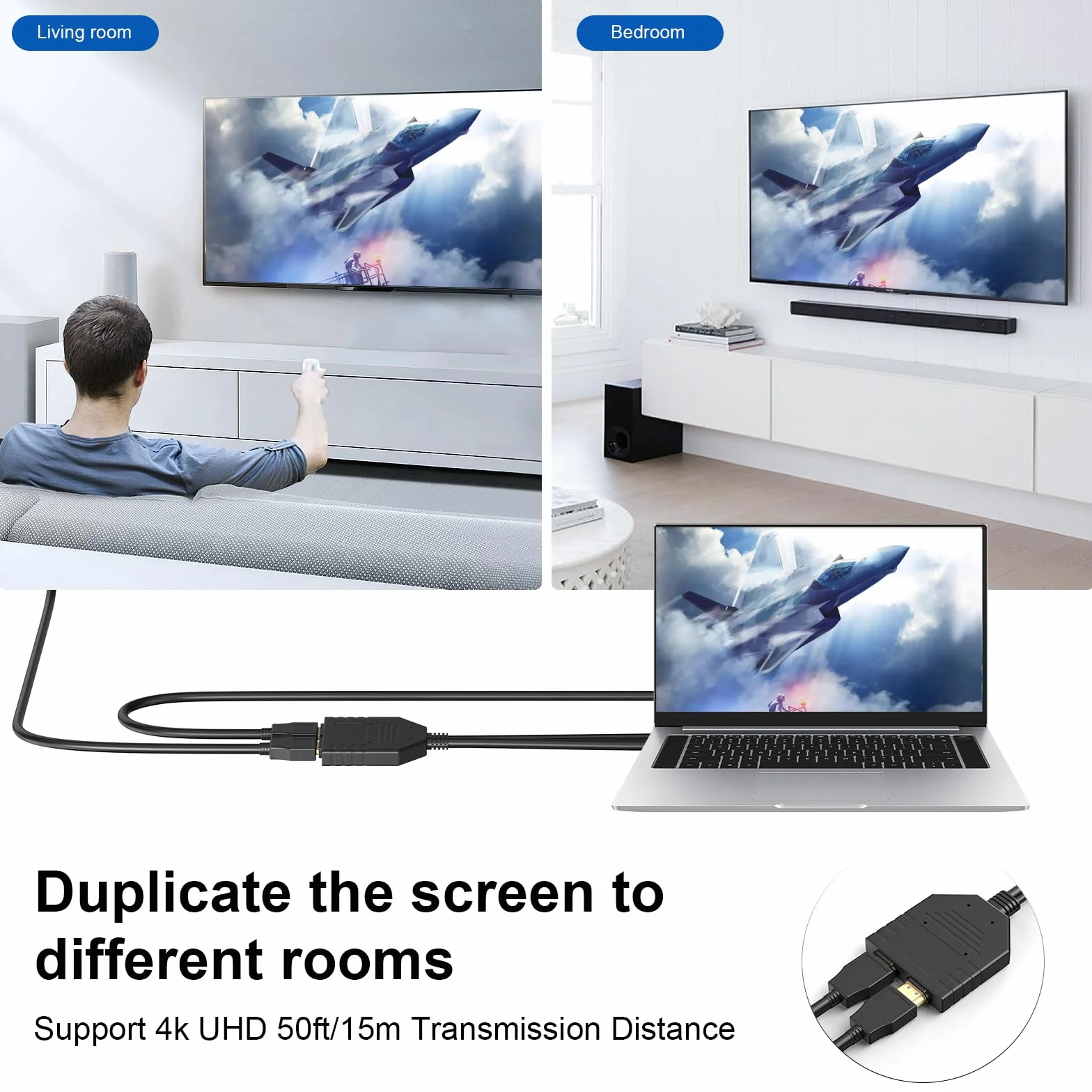 Rozdzielacz HDMI 4K 60 Hz 1 w 2 wyjścia HDMI męski na podwójny żeński HDMI 2.0 z kablem zasilającym USB do HDMI HD, LED, LCD, telewizora, podwójne monitory, duplikowane lustro, obsługa 3D Full HD