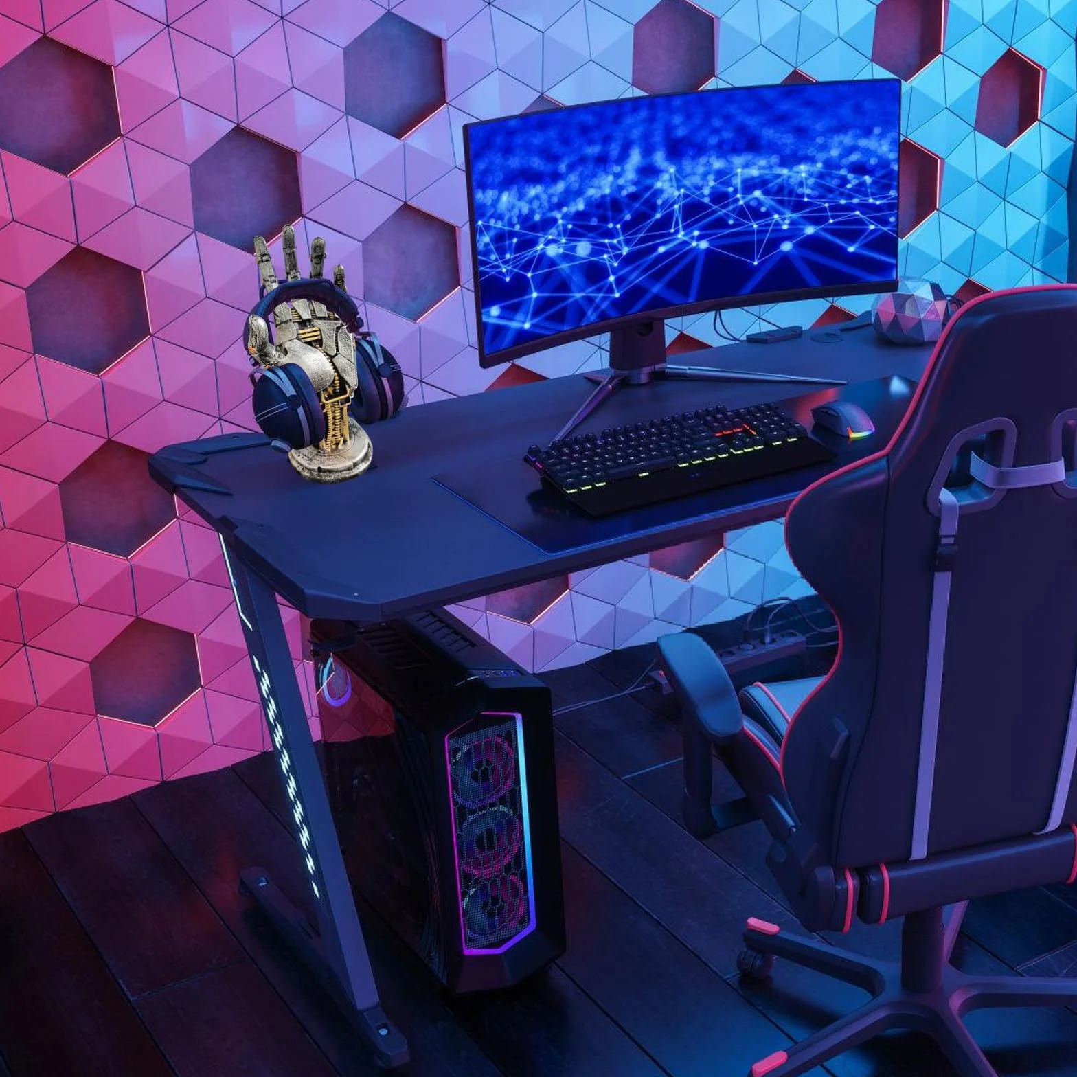 Cyberpunk stojak na słuchawki i uchwyt na kontroler: akcesoria gamingowe premium z ramieniem robota, akcesoria dla graczy do organizacji biurka, futurystyczny design z żywicy o wyglądzie metalu