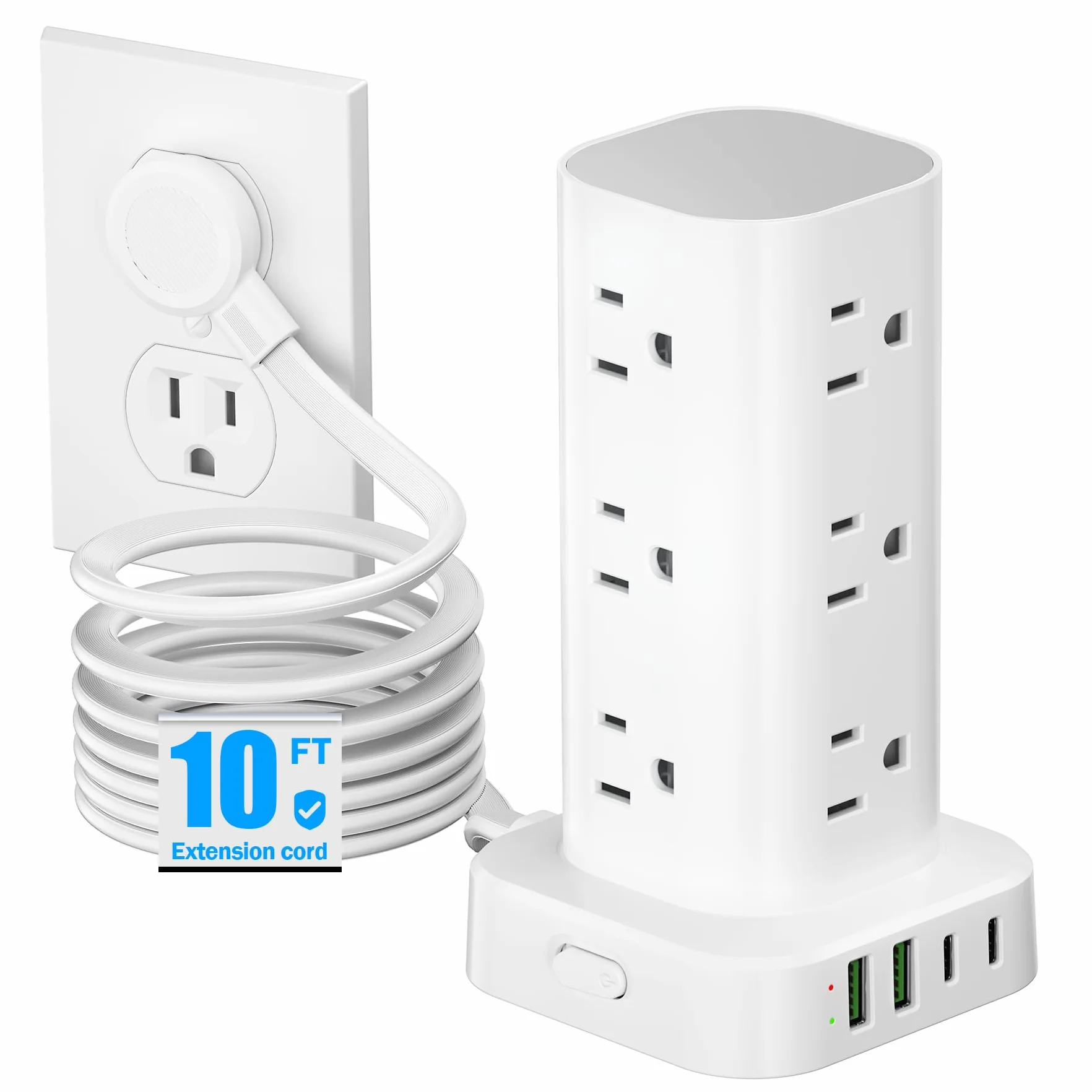 Płaska wtyczka wieża przeciwprzepięciowa, płaski przedłużacz 10 stóp z wieloma gniazdami, 12 wyjść AC, 4 porty USB (2 USB C) stacja ładująca do biura, domu,