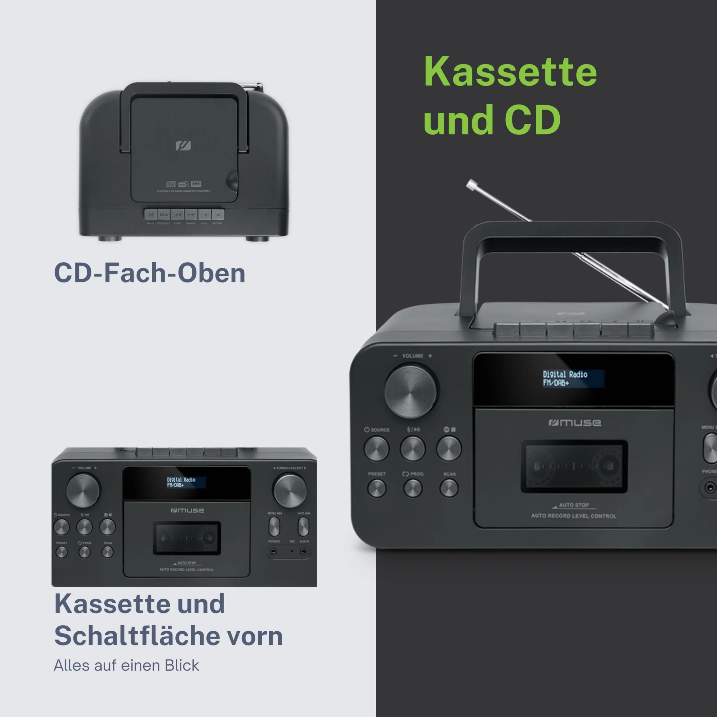 MUSE Przenośne radio DAB+ z odtwarzaczem CD Bluetooth, odtwarzacz kasetowy, UKW, wejście słuchawkowe, AUX-In, wyświetlacz LCD, strumieniowe przesyłanie muzyki, czarne (M-182DB)