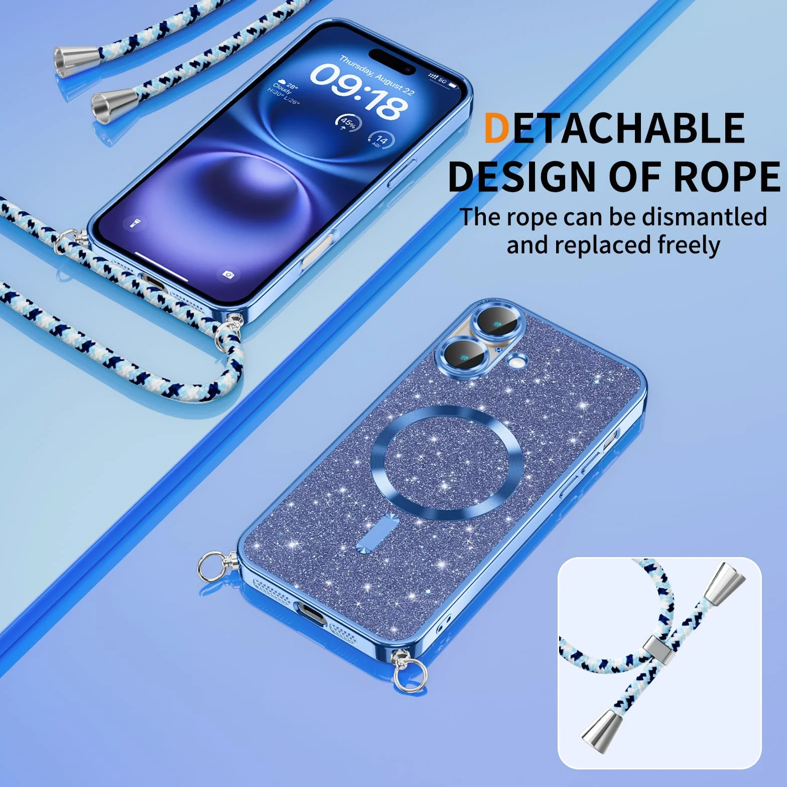 Phoona Etui na iPhone ze sznurkiem, etui z brokatem, kompatybilne z MagSafe, odporne na wstrząsy etui magnetyczne z regulowanym kołnierzem, niebieskie