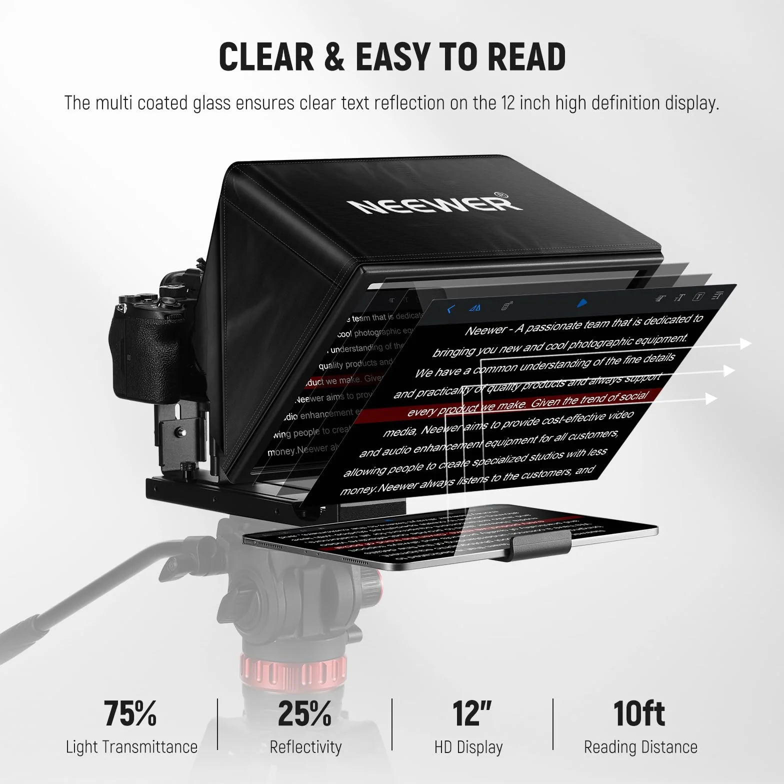 NEEWER BASICS X12B podnoszony teleprompter ze stopu aluminium 12" do iPada, tabletu, telefonu, lustrzanki, pilota zdalnego sterowania i sterowania aplikacją, kompatybilny z systemem iOS Android, Pro