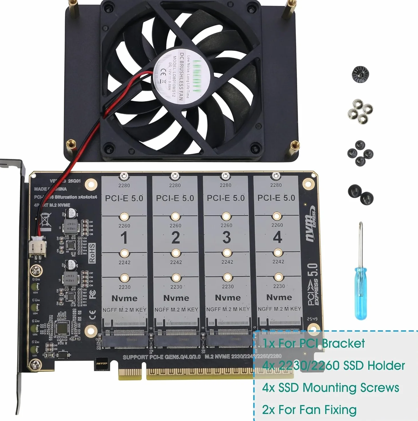 Quad NVMe PCIe 5.0 adapter z wentylatorem, RIITOP PCIe 5.0 x16 do 4X NVMe SSD (kompatybilny z płytami głównymi PCI-e Bifurkation)