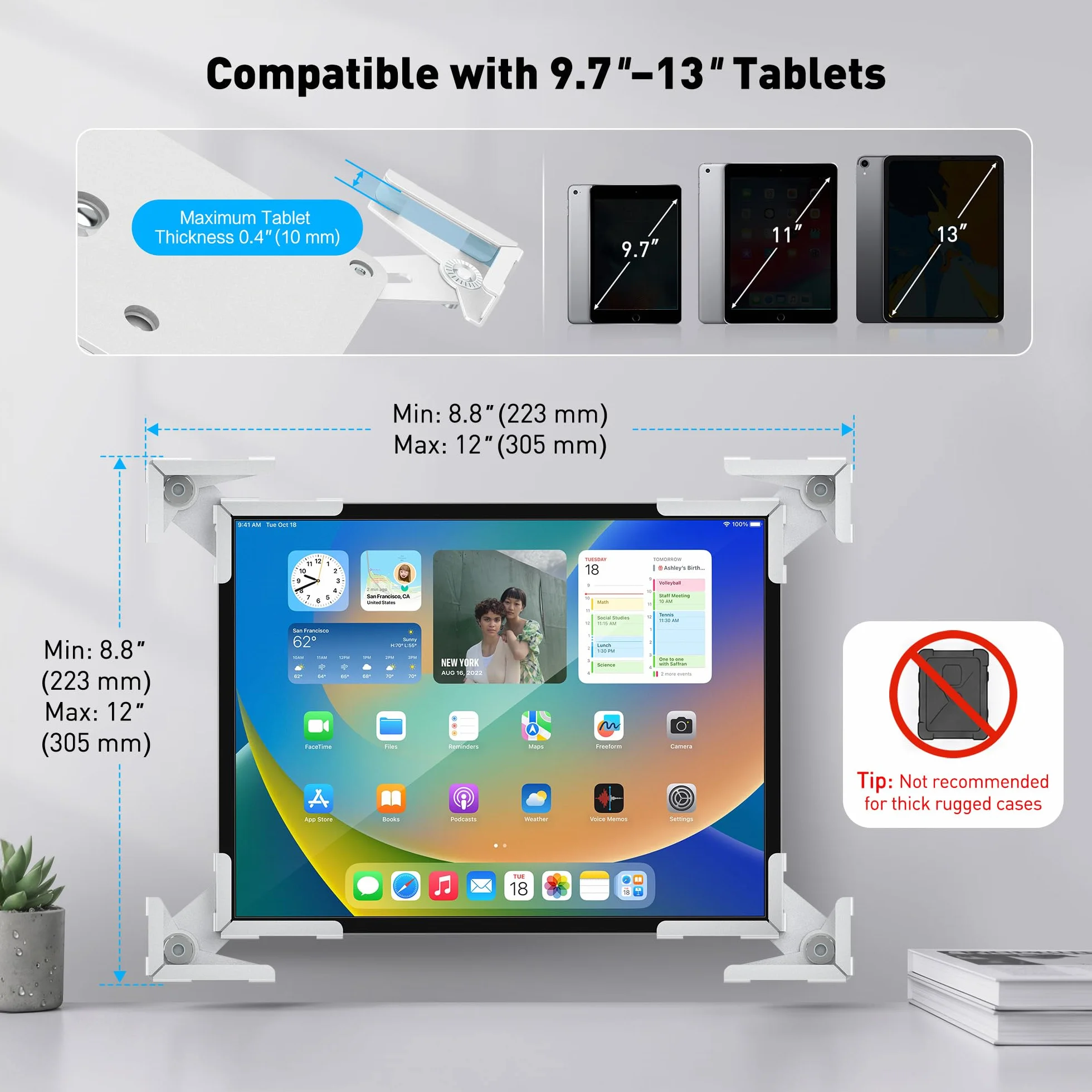 AboveTEK Uniwersalny uchwyt ścienny na tablet, ochrona przed kradzieżą do iPada, obudowa do tabletów o przekątnej ekranu 9,7 do 13 cali, montaż na ścianie, wytrzymała stalowa konstrukcja, biały