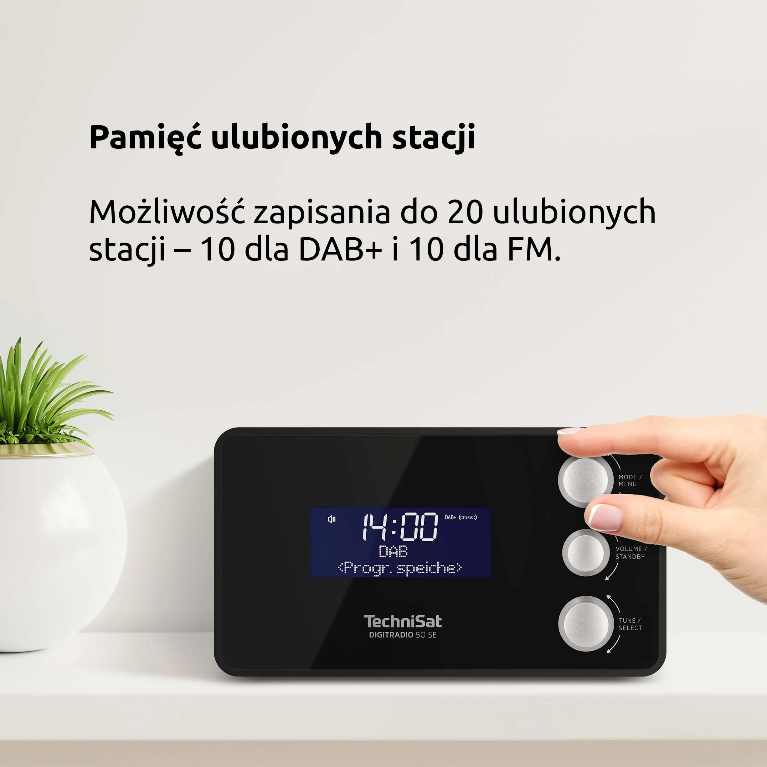 TechniSat DIGITRADIO 50 SE - Radiobudzik (DAB+/FM, ściemniany wyświetlacz, 2 programowalne alarmy, drzemka, timer uśpienia, 1,5 W, wejście słuchawkowe, ładowanie USB) czarny