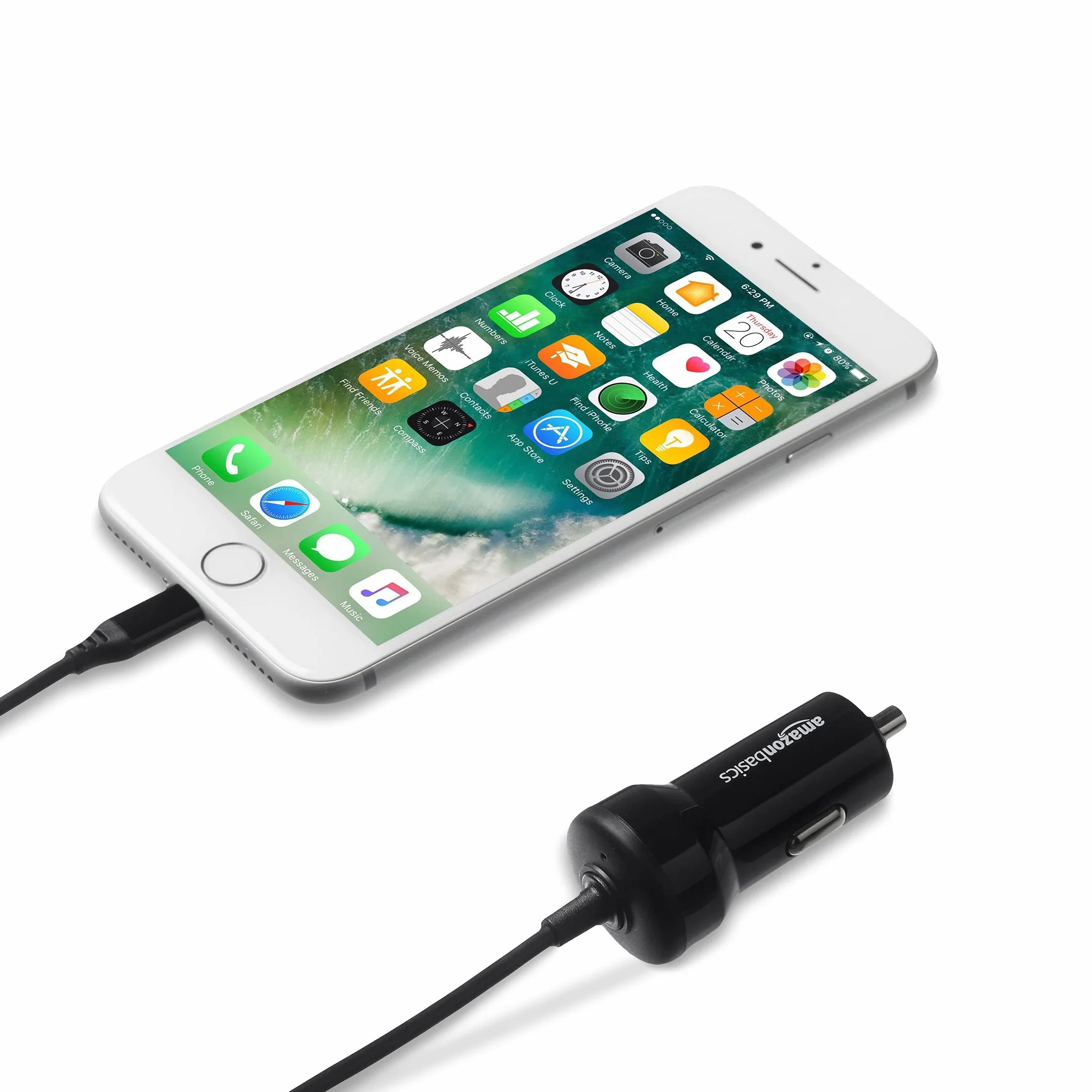 Amazon Basics – ładowarka samochodowa ze złączem Lightning, kabel prosty, 5 V, 2,4 A, 0,91 m, czarny.