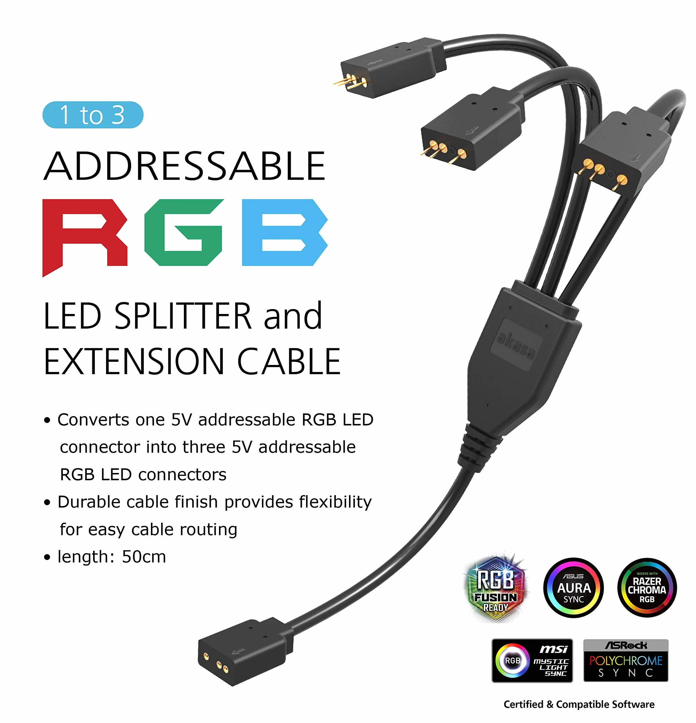 Akasa 3-pinowy rozdzielacz LED RGB kabel przedłużający aRGB 50 cm AK-CBLD07-50BK
