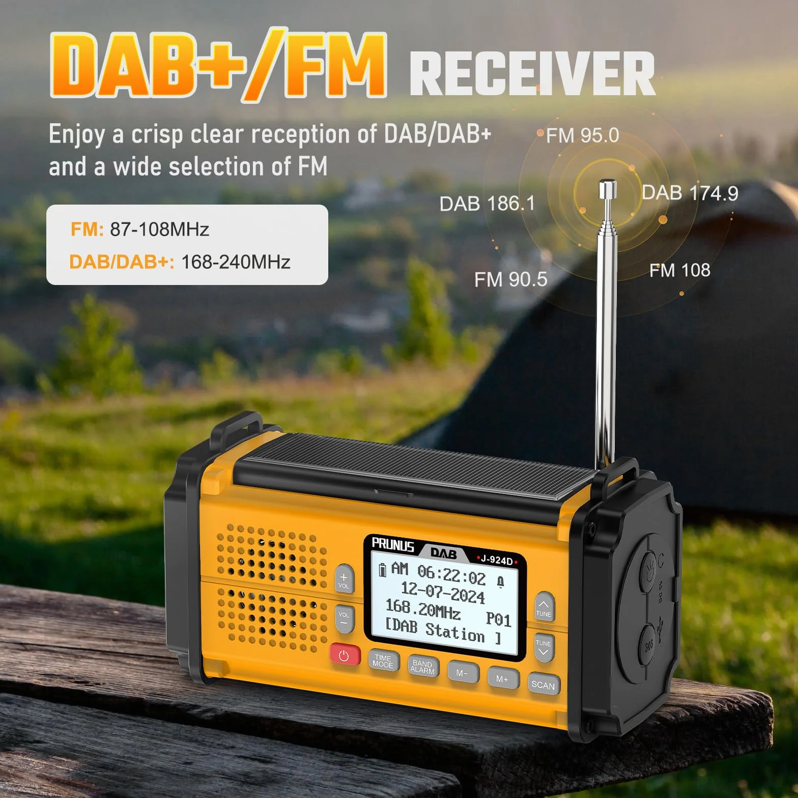 J-924 DAB przenośne radio słoneczne FM, radiolina z korbą Dynamo | z baterią 10000 mAh, radiem bateryjnym z latarką i światłem do czytania/alarmem SOS do Ourdoor, awaryjne (żółte)