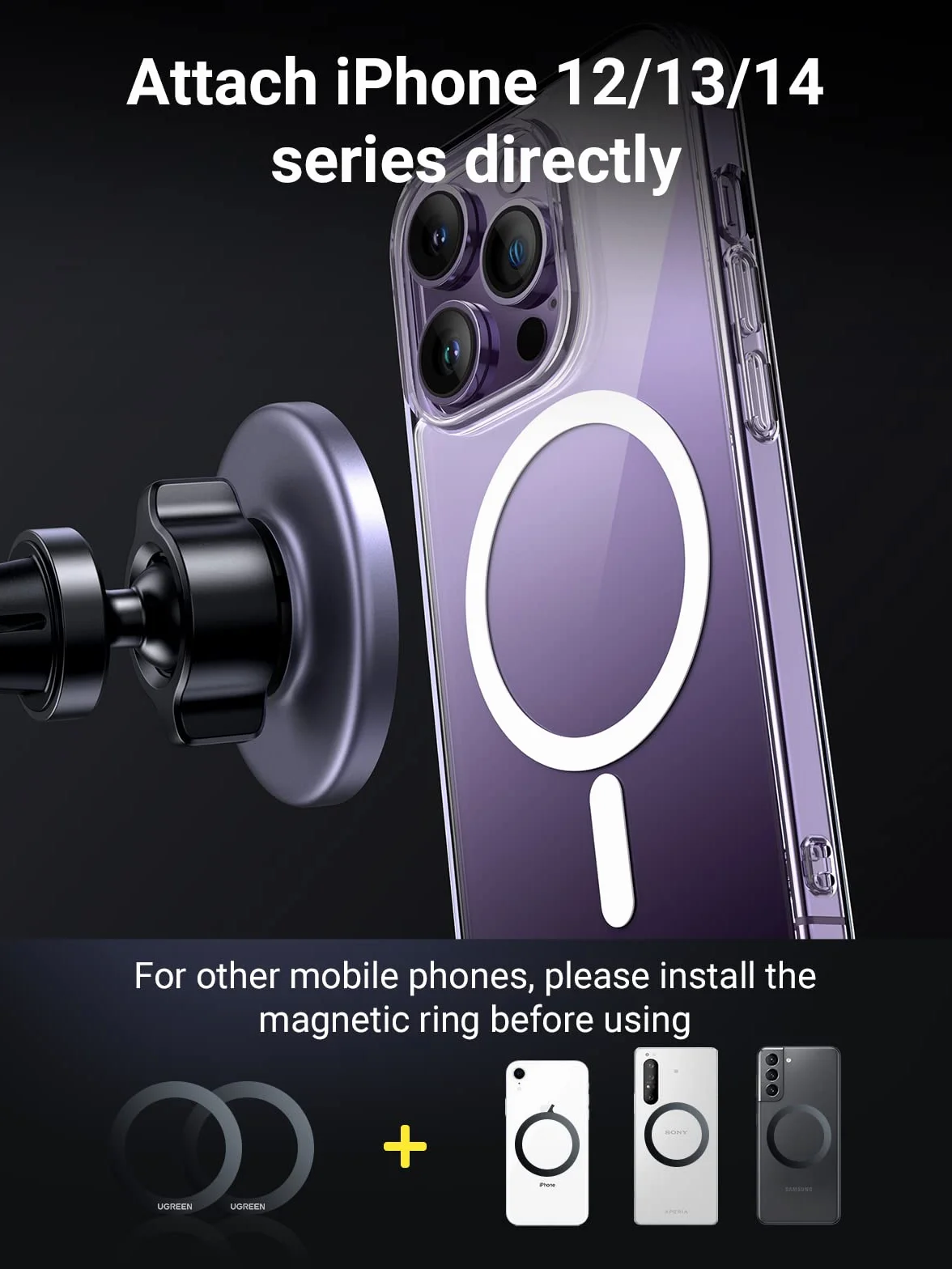 UGREEN MagSafe Samochodowy Uchwyt na Telefon z 2 Metalowymi Pierścieniami Kompatybilny z iPhone 15 Pro Max Plus 14 13 Galaxy F34 S23 Ultra Huawei Mate 60 Pro Redmi K60 Ultra itp.