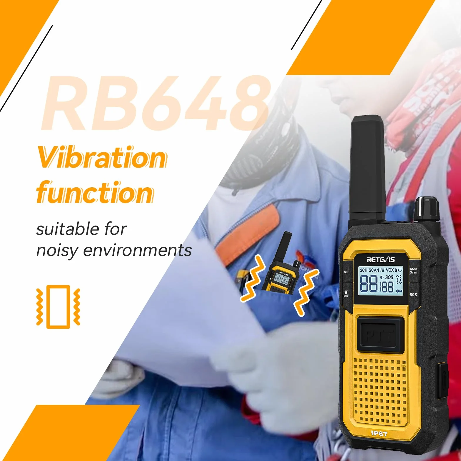 Retevis RB648 Walkie Talkie, Wodoodporne Krótkofalówki IP67, Podwójny Przycisk PTT, Wibracje SOS, 2000 mAh Typ C, Wytrzymałe Walkie-Talkie ze Słuchawką na plac Budowy (4 Szt, Żółty)