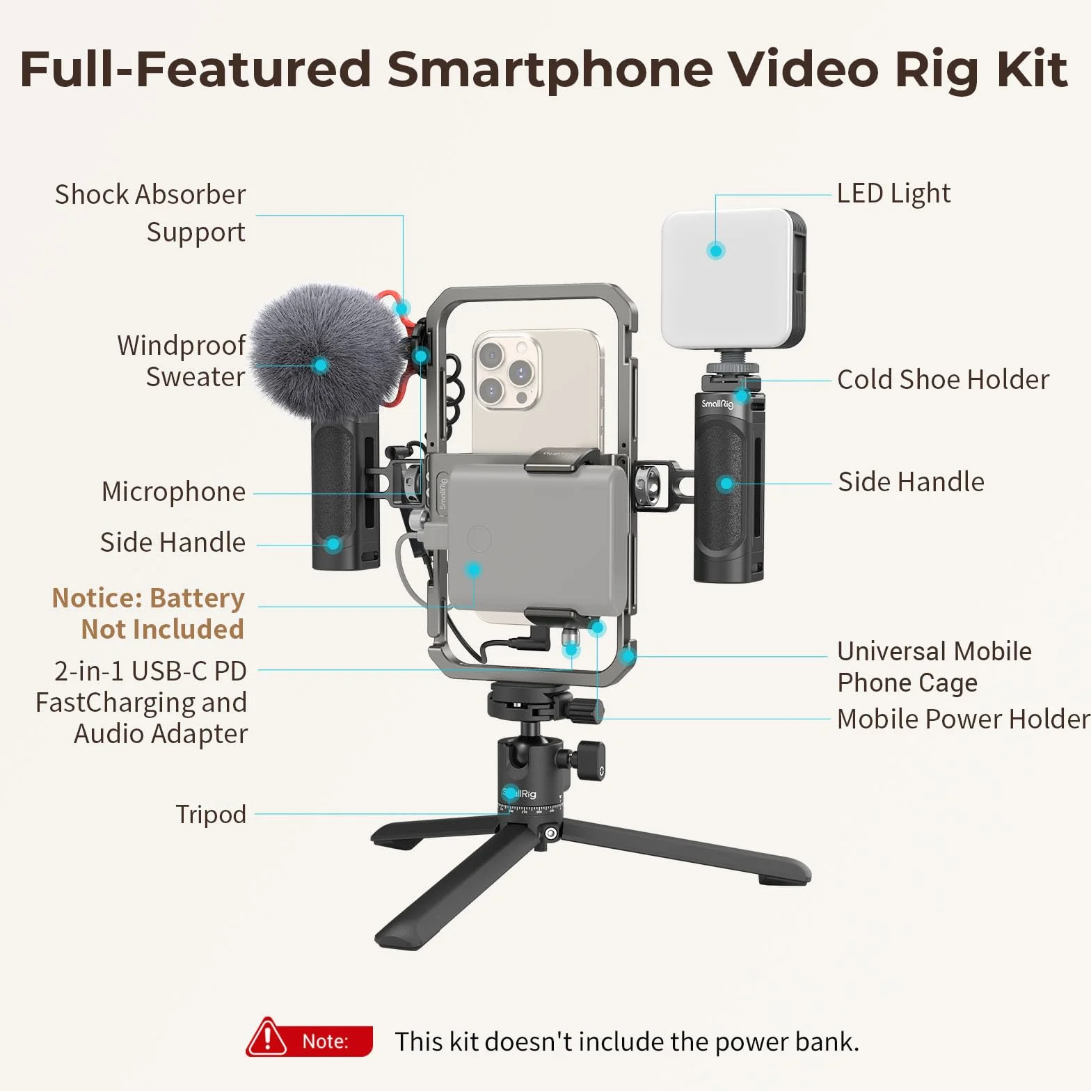 SMALLRIG Uniwersalny zestaw wideo do telefonu iPhone, smartfonów i aparatów, stabilizator telefonu ze statywem, mikrofonem, lampką LED, uchwytem bocznym i power bankiem - 3384C