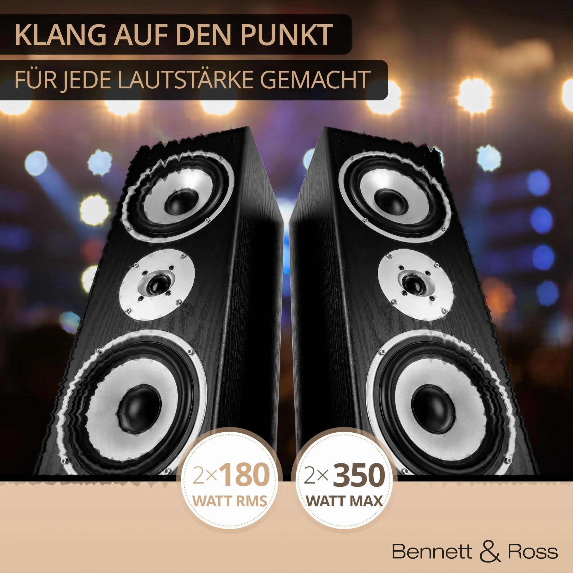 Bennett & Ross Radiant 3-drożny głośnik stojący HiFi (350 W RMS, 6,5" głośnik niskotonowy, 6,5" głośnik średniotonowy, 1" głośnik wysokotonowy, konstrukcja bass reflex, rysunek słojów o wyglądzie