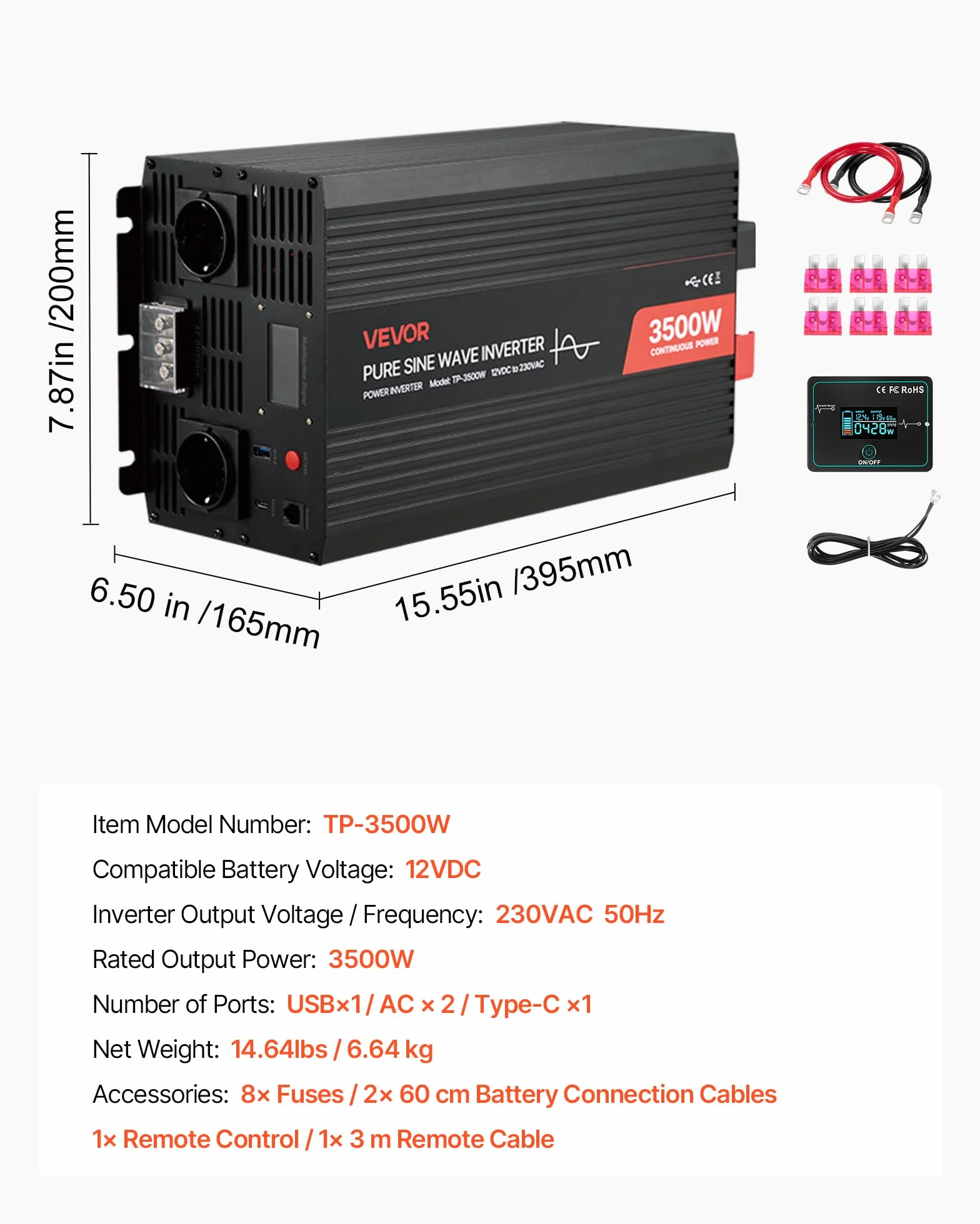 VEVOR Falownik prądu 3500 W, czysty falownik sinusoidalny 12 V DC na 230 V AC, konwerter ładowarki samochodowej z wyświetlaczem LCD, pilotem zdalnego sterowania, portami USB i typem C, gniazdami AC