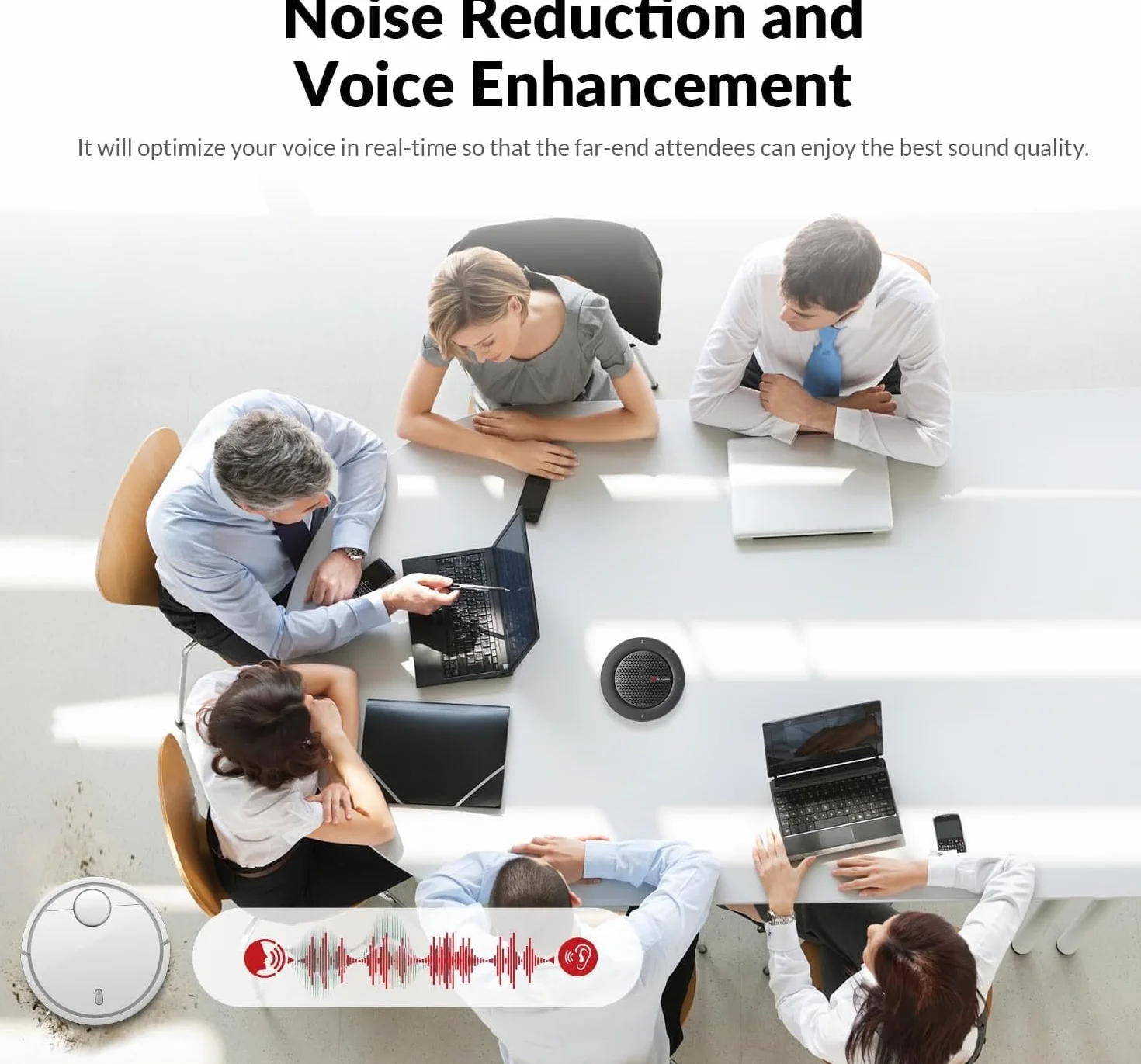 Conference Speakerphone, Daisy Chain up to 9 Speakerphones for 50 People, USB & Bluetooth Speaker with 4 Mics AI Noise Cancellation 360° Voice Pickup for Zoom,Teams,Conference Call Large Meeting Room