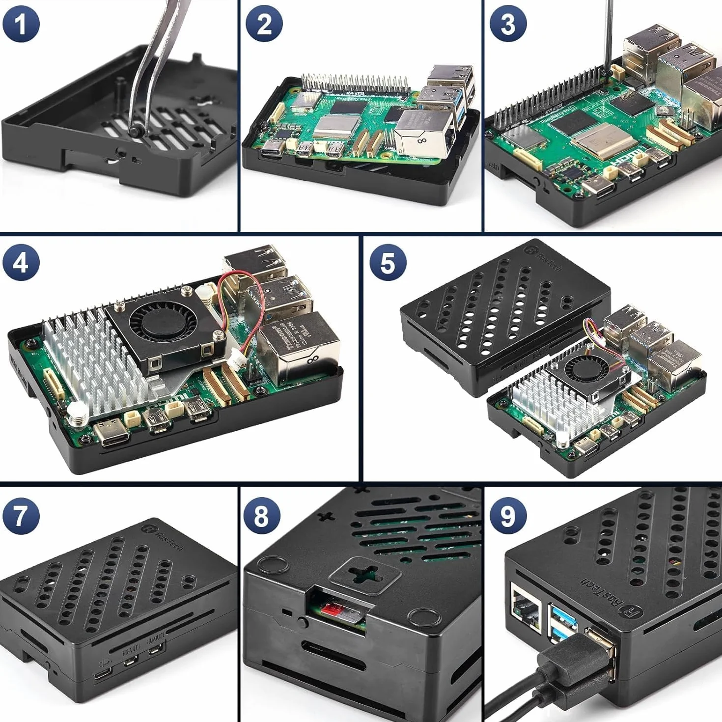 RasTech zestaw do Raspberry Pi 5 16 GB z zasilaczem GaN 27 W 5,1 V 5 A USB-C, aktywna chłodziarka, zestaw rederów kart 32 GB, kabel wyjściowy 4K Micro HD, etui na karty Pi 5 16 GB i instrukcja obsługi
