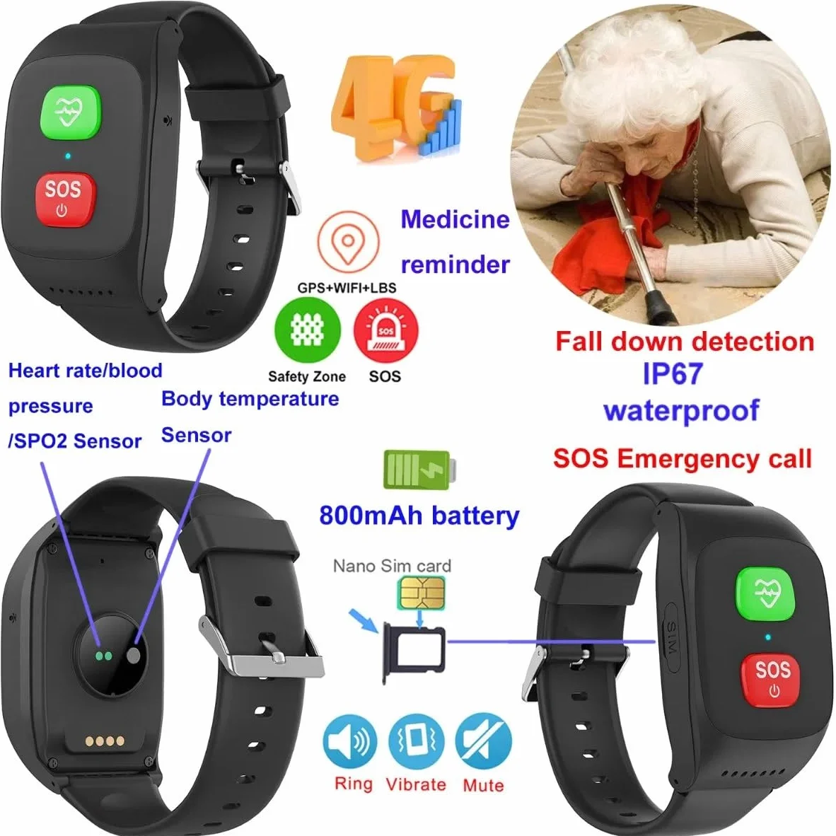 Inteligentny Zegarek Z Alarmem Dla Osób Starszych Fitness Tracker Z Przyciskiem Alarmowym SOS Wykrywanie Upadków I Śledzenie Lokalizacji GPS Wodoodporny 4G Połączenia Głosowe