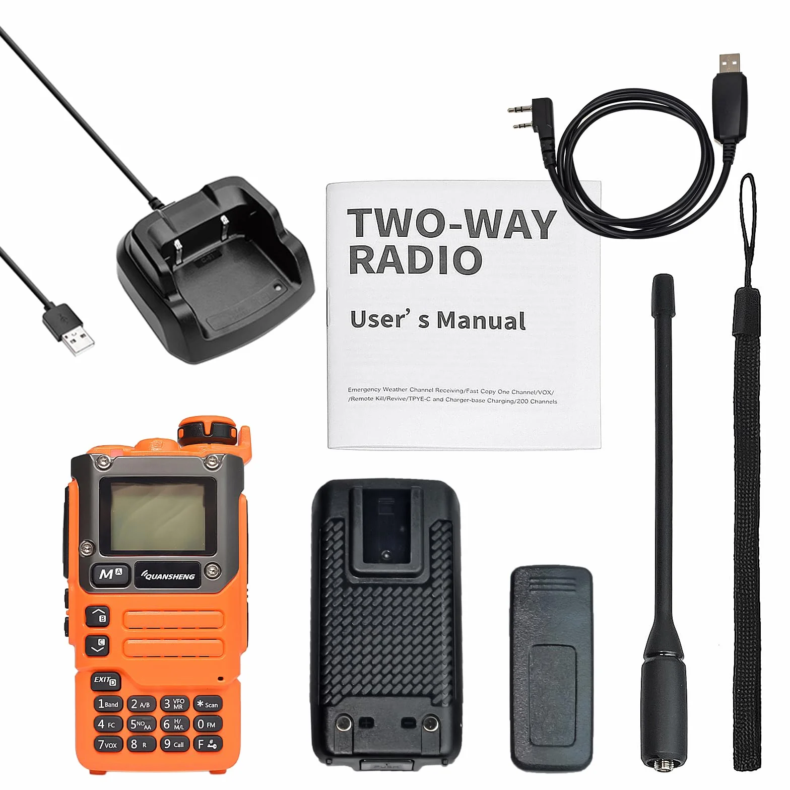 QUANSHENG UV K5(8) Walkie Talkie dalekiego zasięgu z kablem do programowania VHF UHF 200 kanałów, profesjonalne radio AM/FM/DTMF, VOX, częstotliwość replikacji, pogoda NOAA (pomarańczowy)