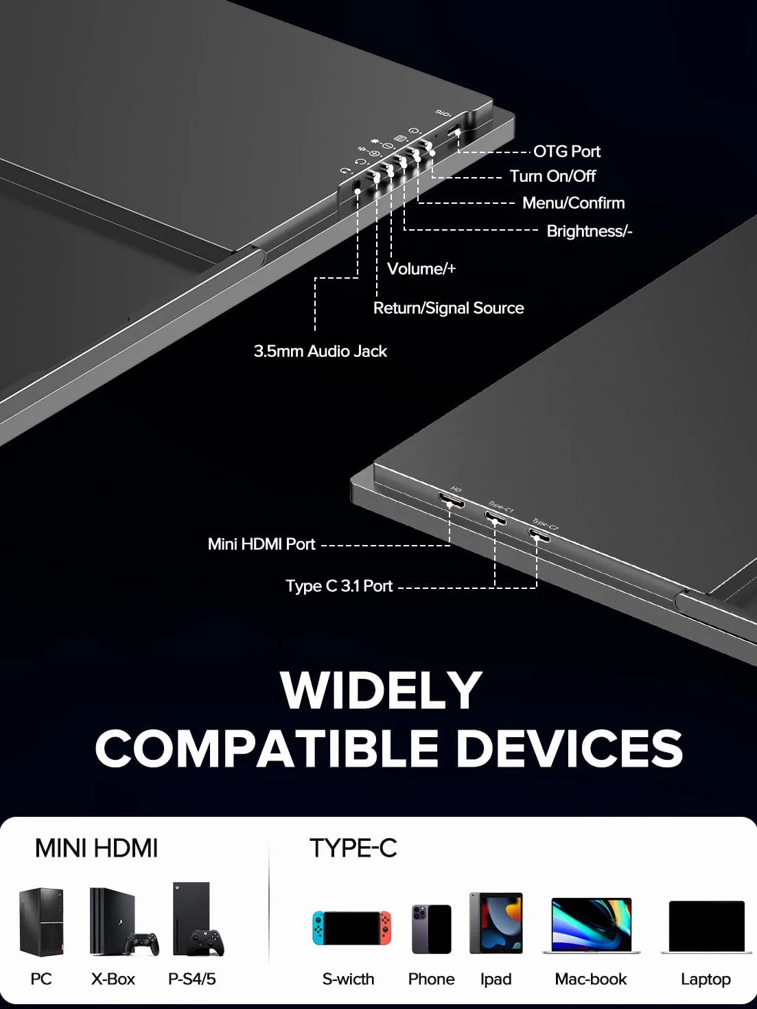 UPERFECT 24,5-calowy przenośny monitor 2K 165 Hz mobilny wyświetlacz z ekranem IPS QHD 2560 x 1440 Mini HDMI USB C do komputera Laptop Game Console, metalowy korpus, kompatybilny z VESA
