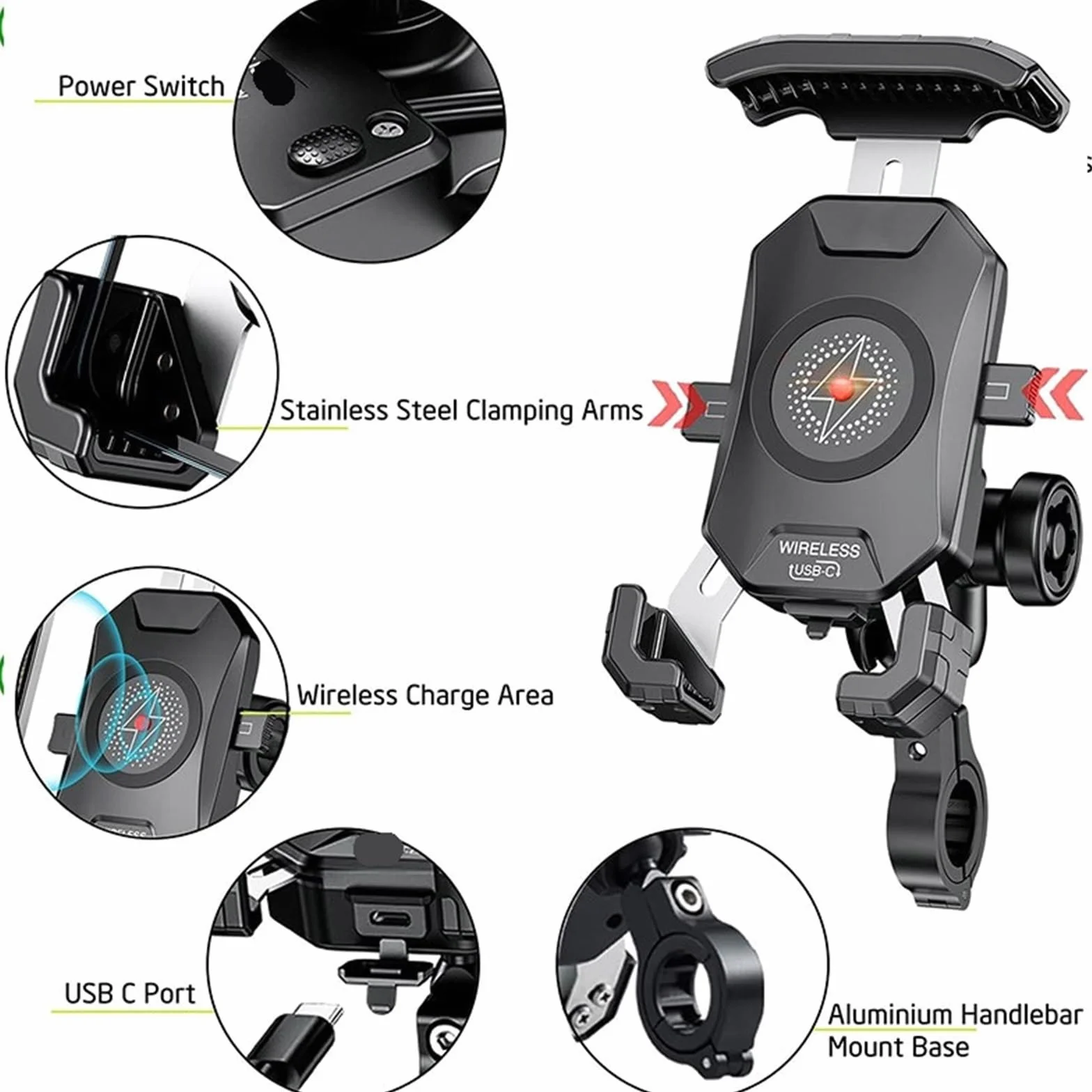 Uchwyt na telefon bezprzewodowy do motocykla z zabezpieczeniem antykradzieżowym, szybka ładowarka, uchwyt na telefon do motocykla 4,0-7,0"(Wireless Charger)