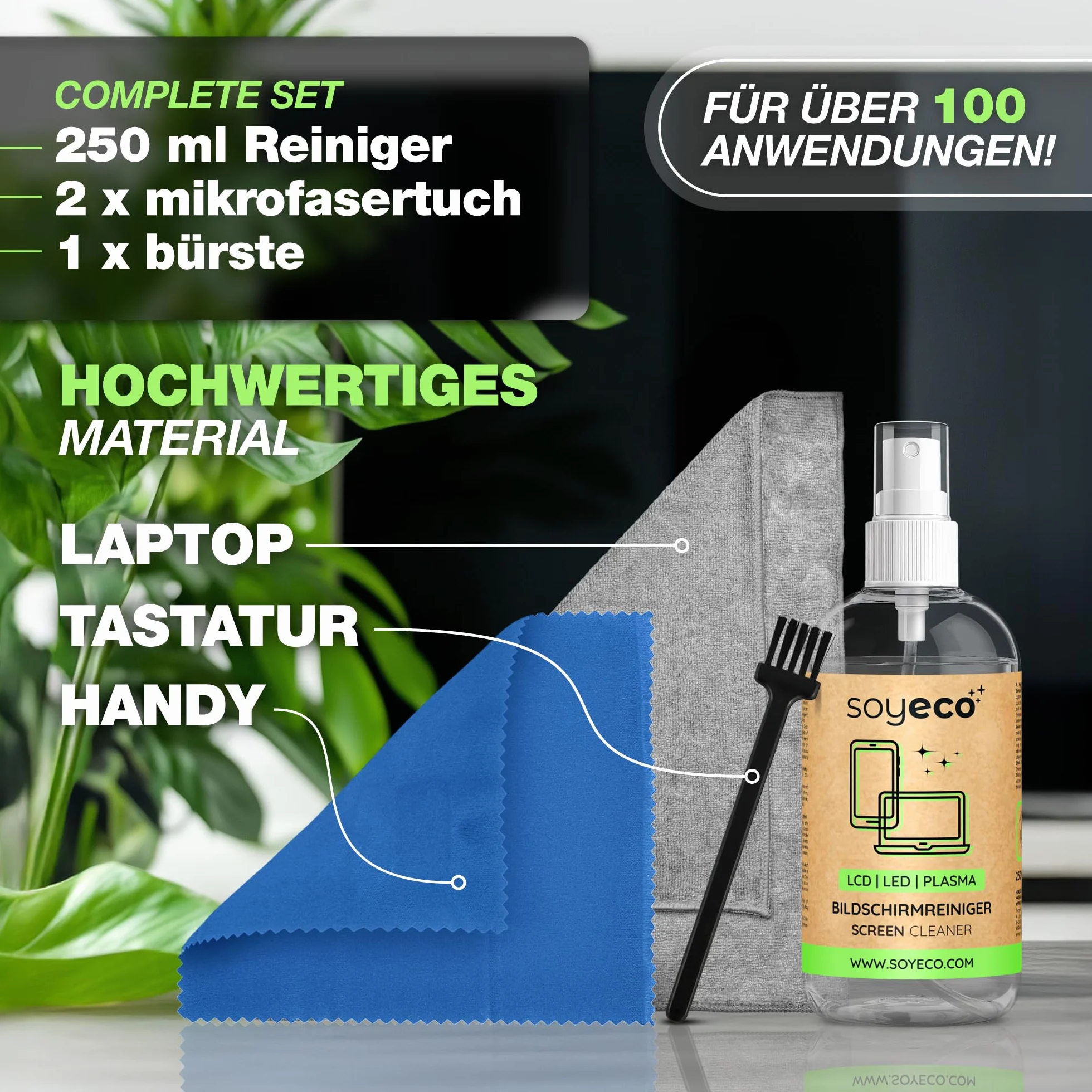 Zestaw czyszcz¹cy SOYECO ECO - p³yn do czyszczenia ekranu 250 ml + 2 œciereczki z mikrofibry + szczoteczka do klawiatury - do kompleksowej pielêgnacji urz¹dzeñ