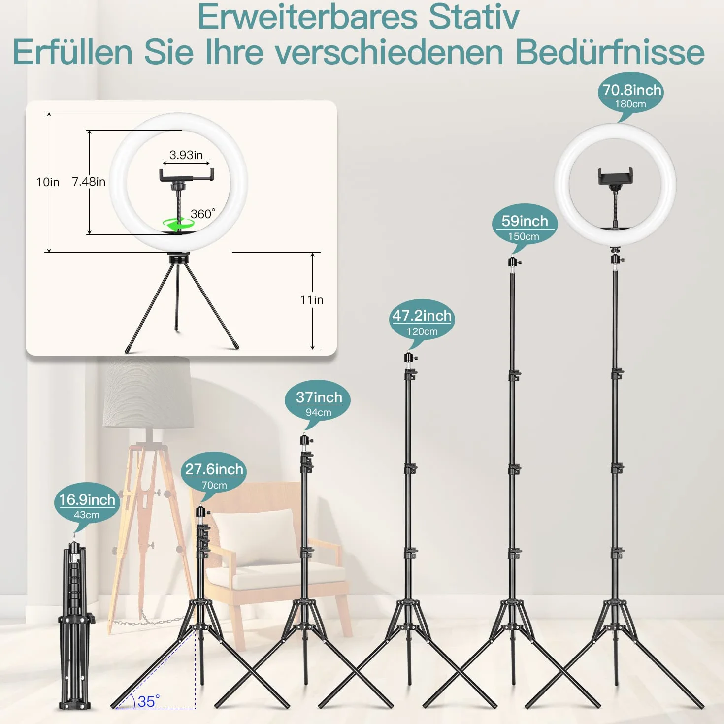 Lampa pierścieniowa LED ze statywem na telefon komórkowy, 10" lampa pierścieniowa do selfie z pilotem zdalnego sterowania i podwójnym uchwytem na telefon komórkowy z 3 kolorami i 10 poziomami