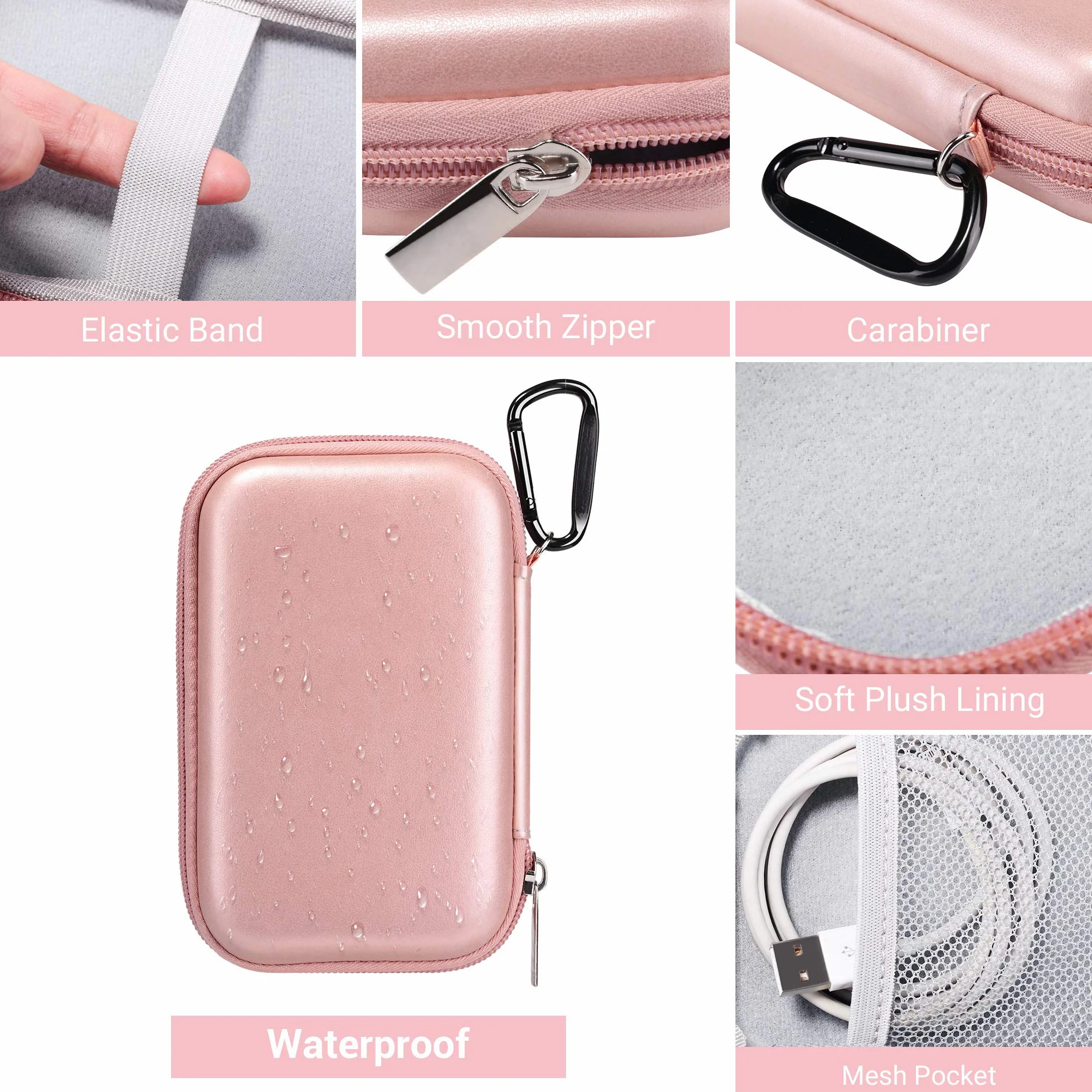 ULAK Organizer i ochrona etui do iPod Touch / Mp3 / Mp4 / słuchawki/klucz/kable USB /, nylonowe twarde etui ochronne z przenośnym karabinkiem przeciwwstrząsowym, różowe złoto