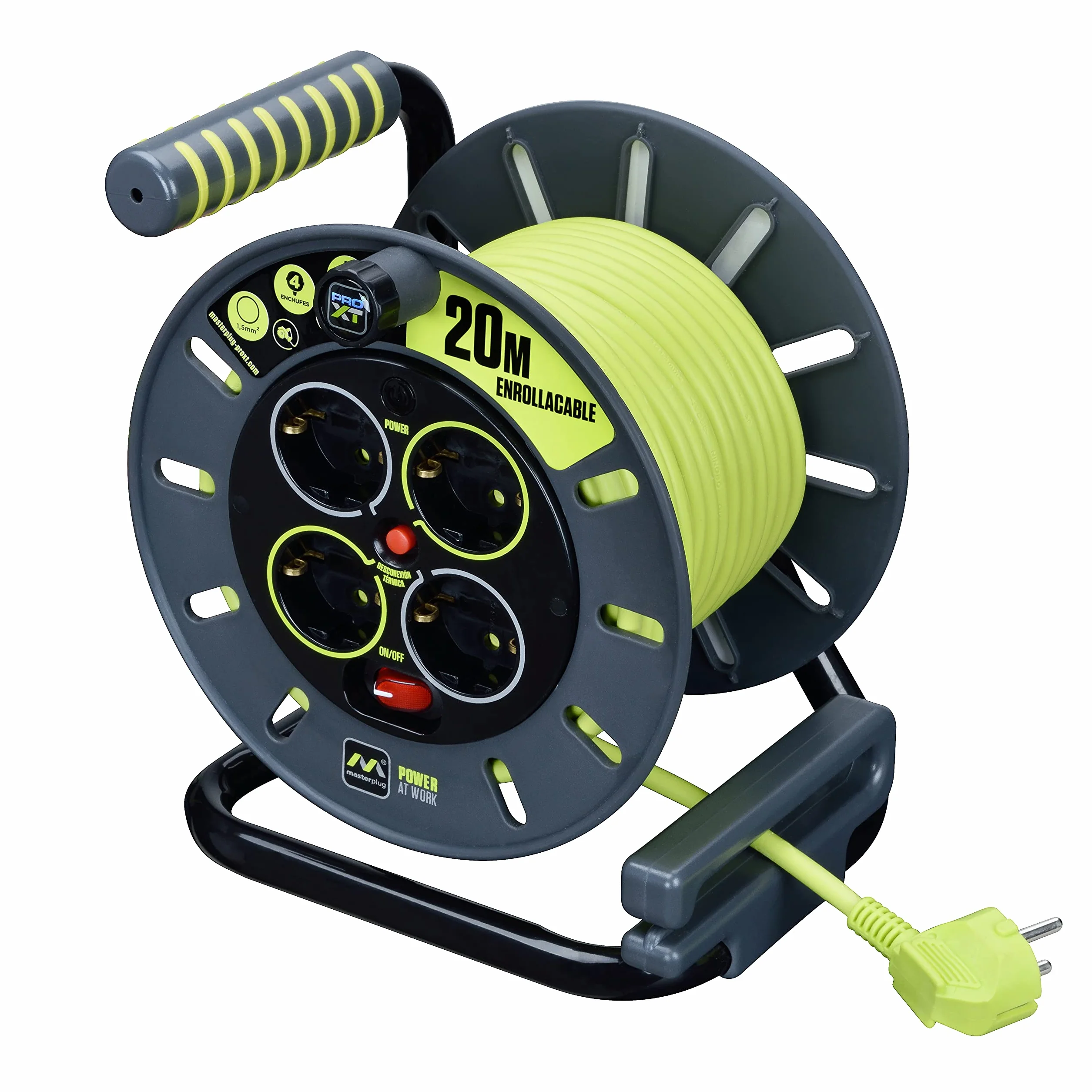 Masterplug Pro-XT Przedłużacz z czterema gniazdami z otwartym uzwojeniem, cięciem termicznym i przełącznikiem zasilania, 20-metrowy kabel o wysokiej widoczności, zielony