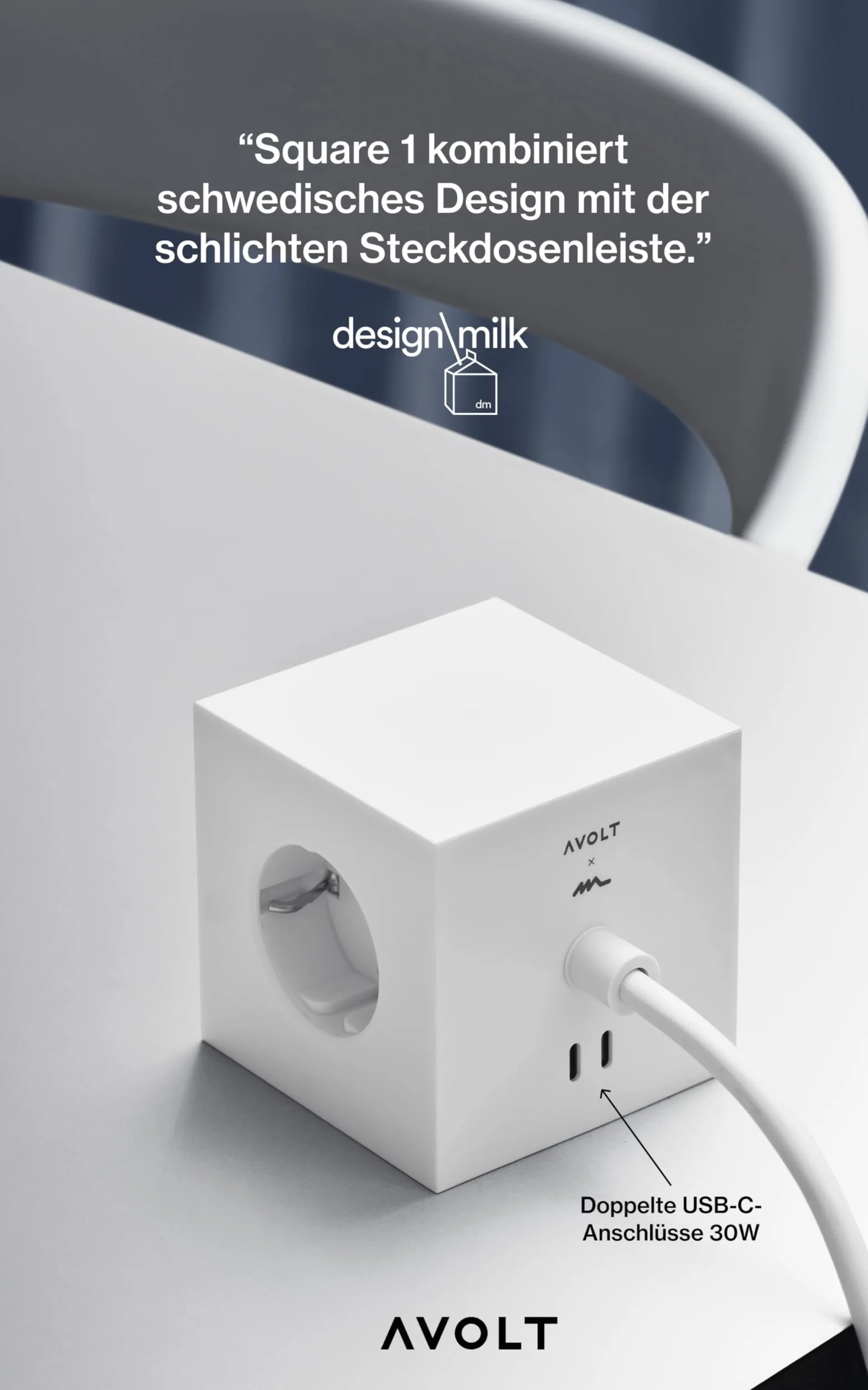 Avolt Square 1 listwa zasilająca z podstawą magnetyczną, 3 m, bardzo długi kabel 3 m, kompaktowa konstrukcja do biurka i domu (biała, 3 m)