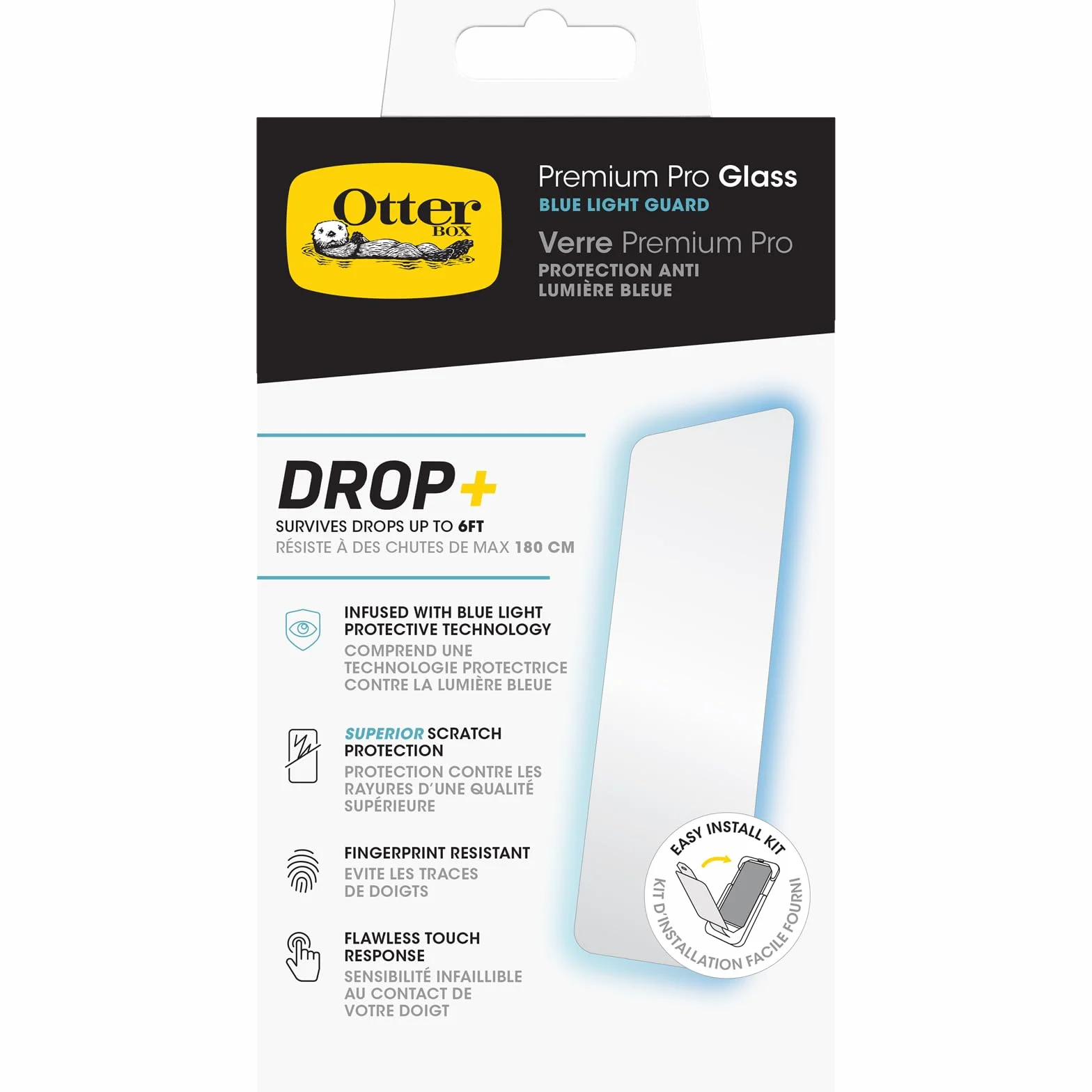 OtterBox Premium Pro Blue Light Ochraniacz ekranu dla iPhone 15 Pro, Szkło hartowane, doskonała ochrona przed zarysowaniami, przetrwa upadek do 6ft