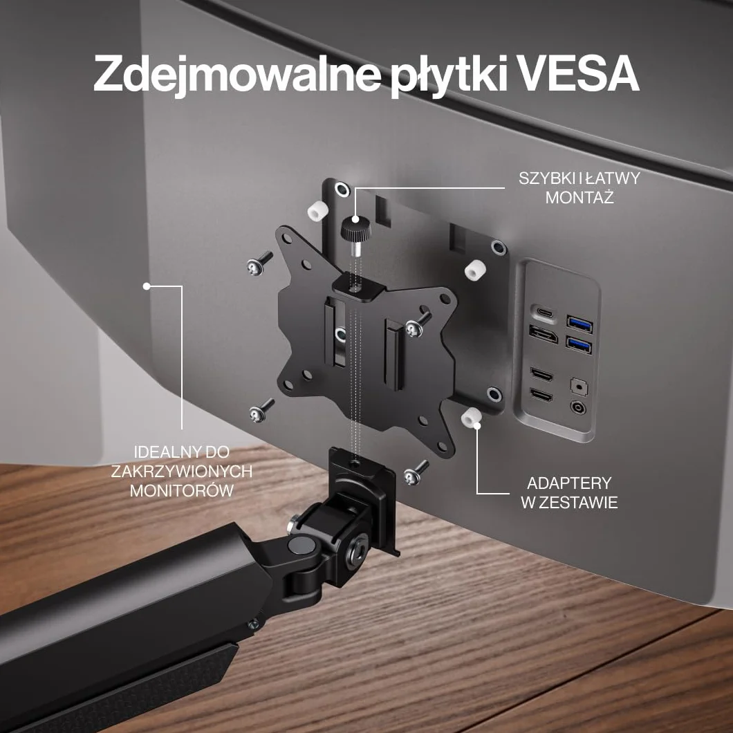 ENDORFY Atlas GS Double, Podwójne Gazowe Ramię do 2 Monitorów 13-32", Udźwig 2x10 kg, Regulowany Uchwyt Biurkowy VESA 75x75/100x100, Funkcja Pivot 180°, System Zarządzania Kablami, Czarny