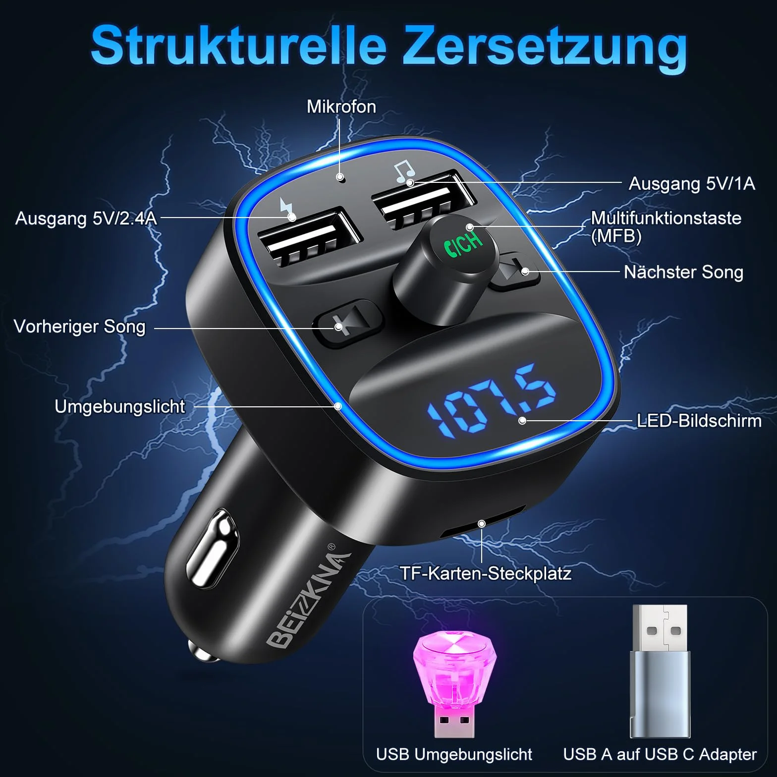 Transmiter Bluetooth 5.3 FM, samochodowy adapter Bluetooth, radio, 2 USB ładowarki LED, samochodowy ładowarka, odtwarzacz muzyczny, zapalniczka z głośnikiem
