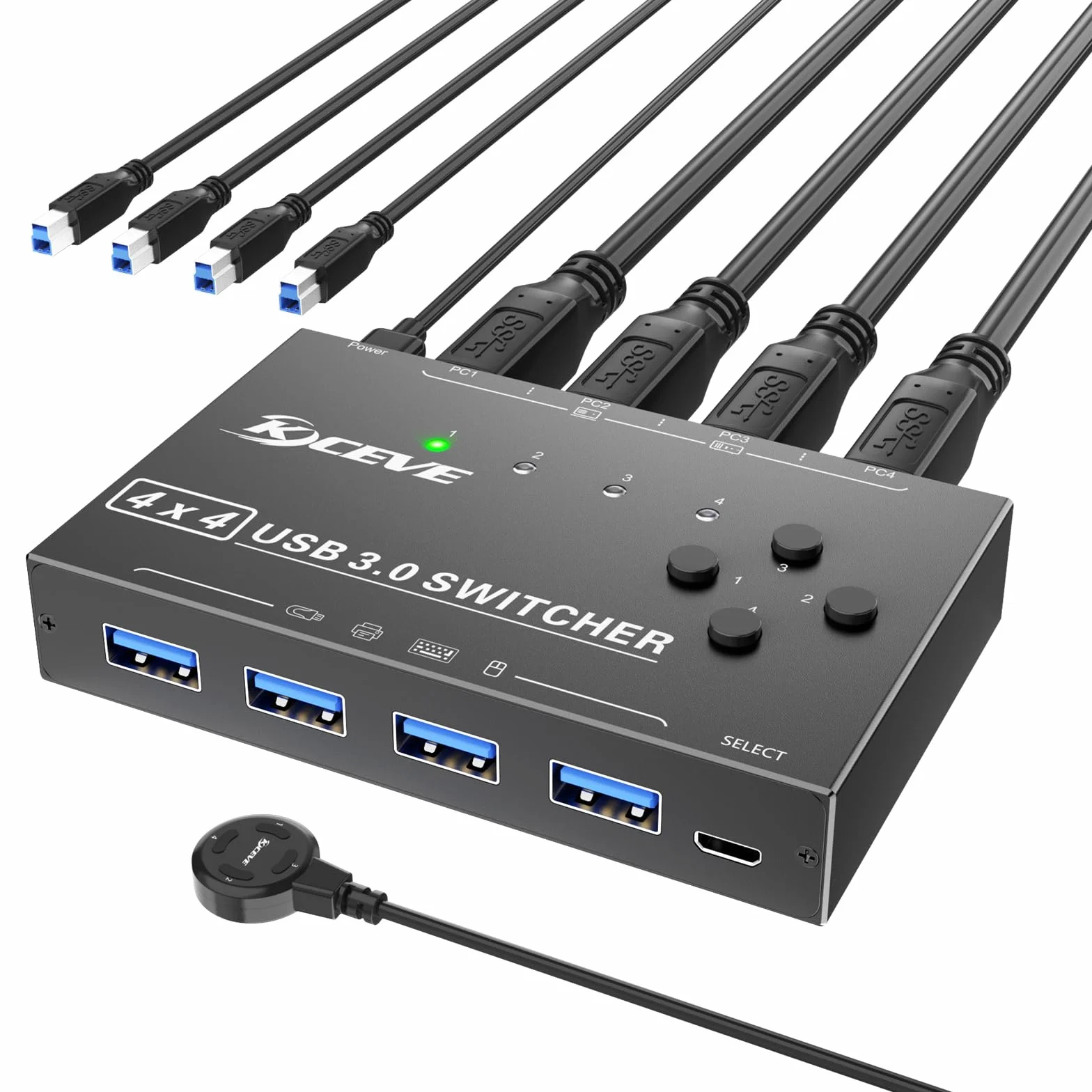 Przełącznik USB 3.0 dla 4 komputerów, 4-portowy selektor przełącznika USB Udostępnianie 4 urządzeń USB, mysz, klawiatura, skaner, drukarka, komputer PC Zgodny z systemami Mac/Windows/Linux.