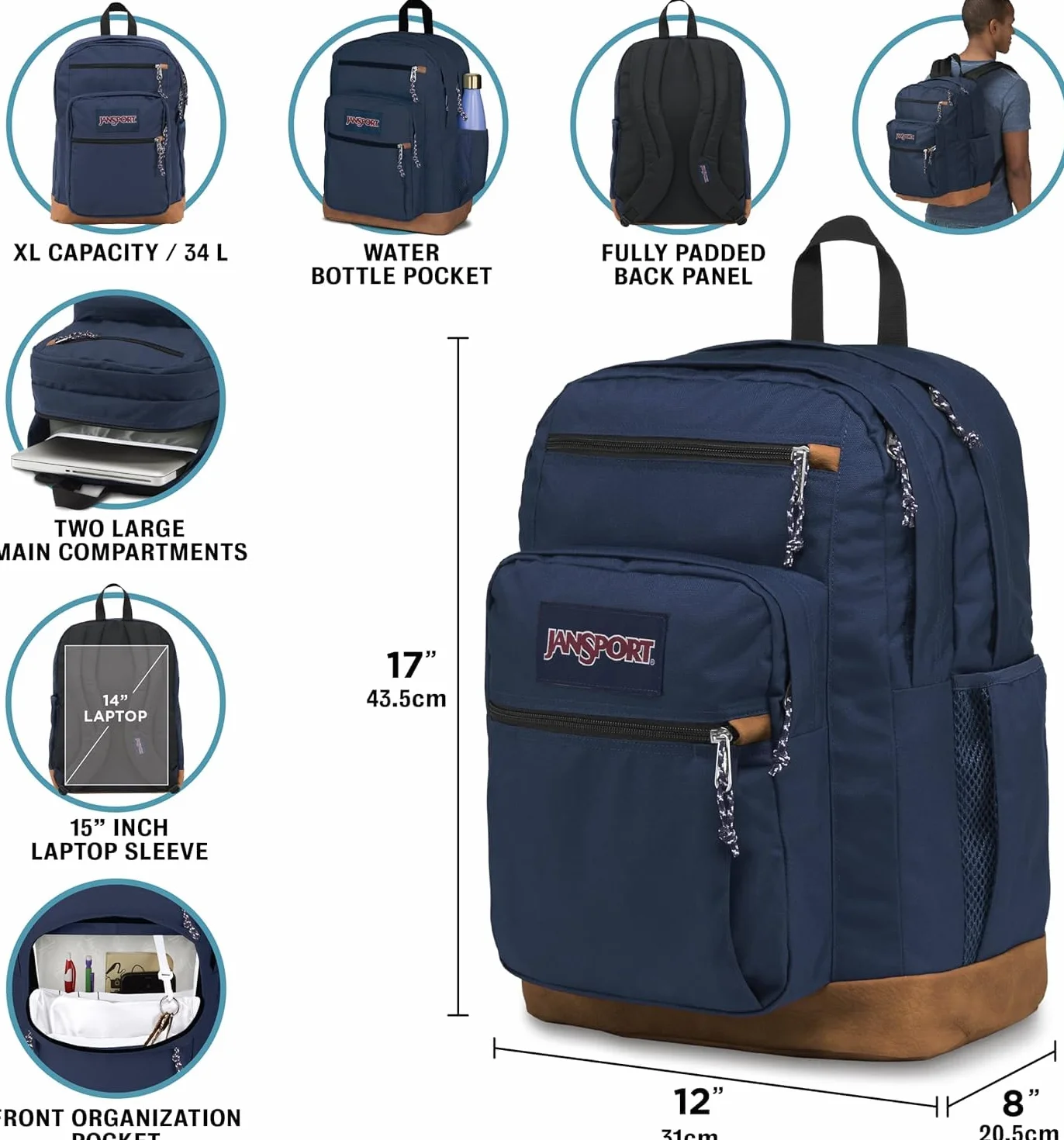 JanSport Fajny plecak z pokrowcem na laptopa 38.1 cm, duża torba na komputer z 2 przegródkami, ergonomiczne paski