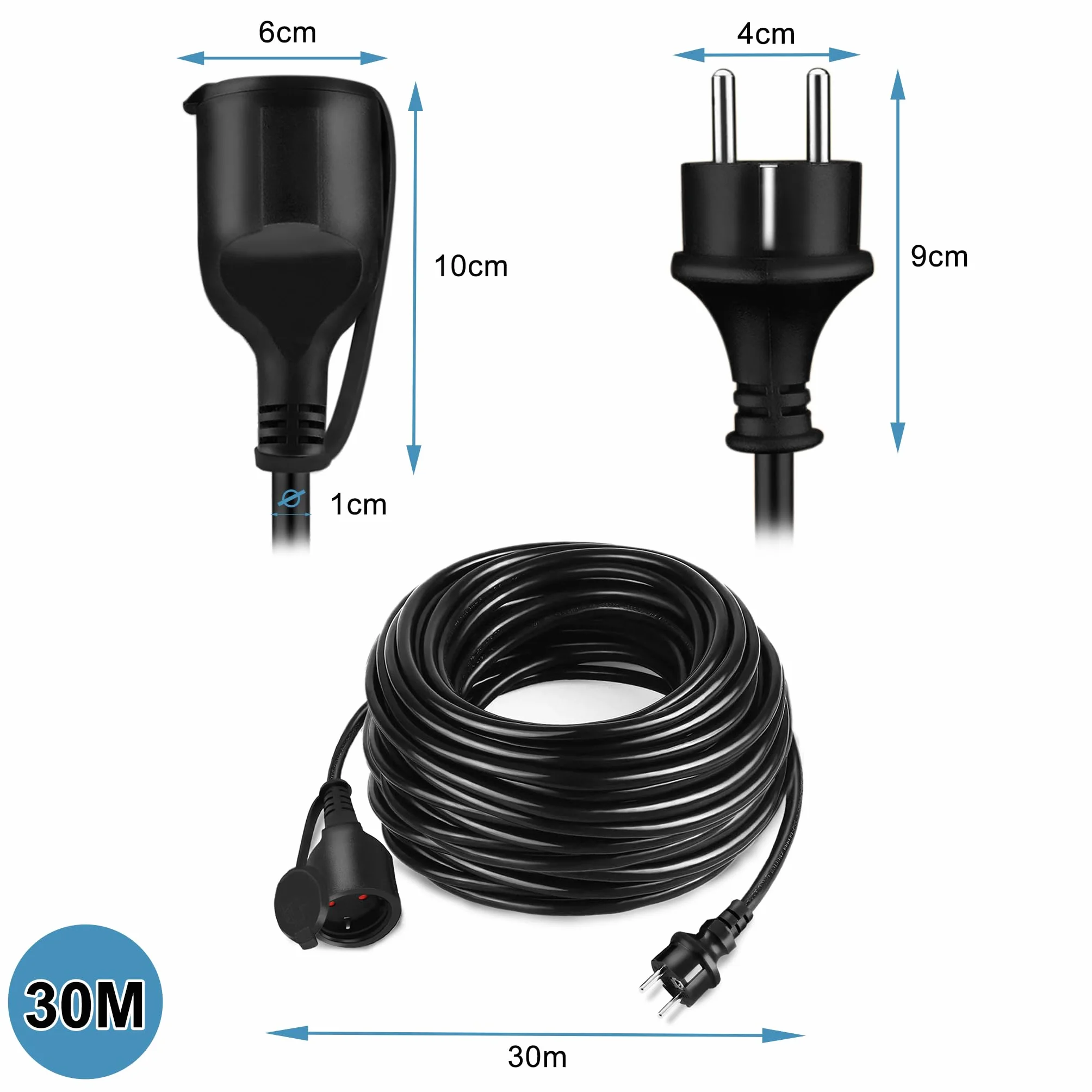 YRHome 30 m czarny przedłużacz prądu, wtyczka euro, wtyczka Schuko, przedłużacz 220-230 V, 16 A z nasadką ochronną, IP44, kabel na plac budowy, wtyczka ze stykiem ochronnym