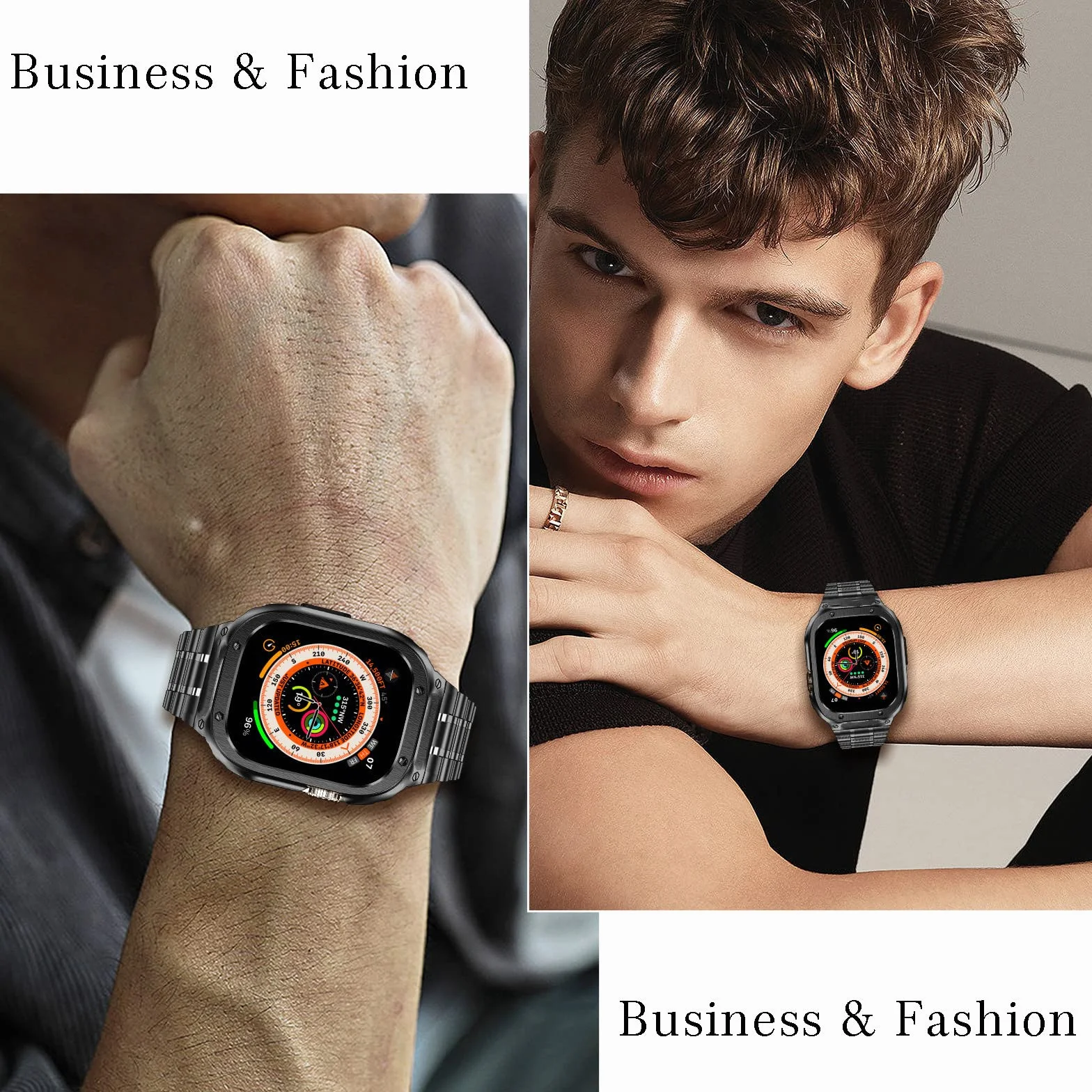 HASLFM Pasek do zegarka Apple Watch z etui, kompatybilny z iWatch Series Ultra (49 mm) 8/7 (45 mm/41 mm) 6/5/4/SE (44 mm/40 mm) 3/2/1 (42 mm/38 mm), paski do iWatch ze stali nierdzewnej i metalowy