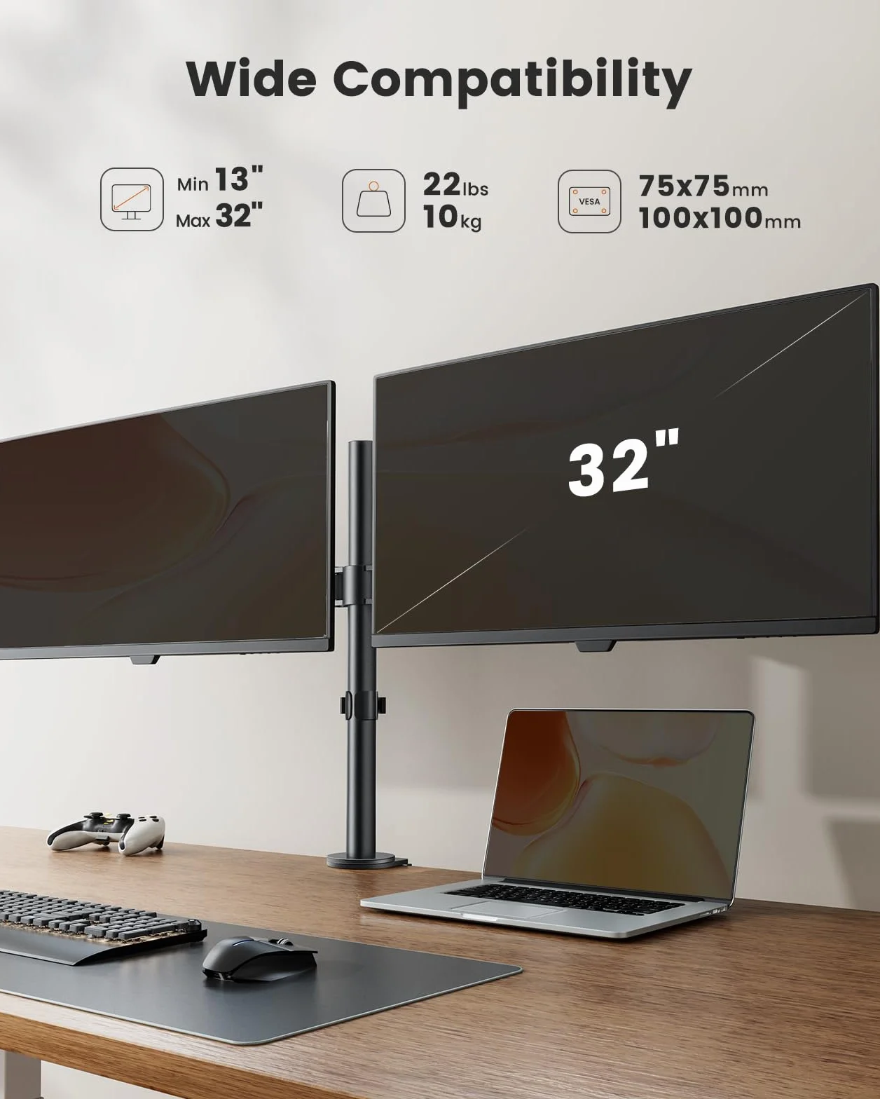 ErGear Podwójny stojak na monitor do ekranów o przekątnej ekranu od 13 do 32 cali, ergonomiczny kąt widzenia, regulowany kąt widzenia ± 45°, obrót o 180°, obrót o 360°, VESA 75/100 mm