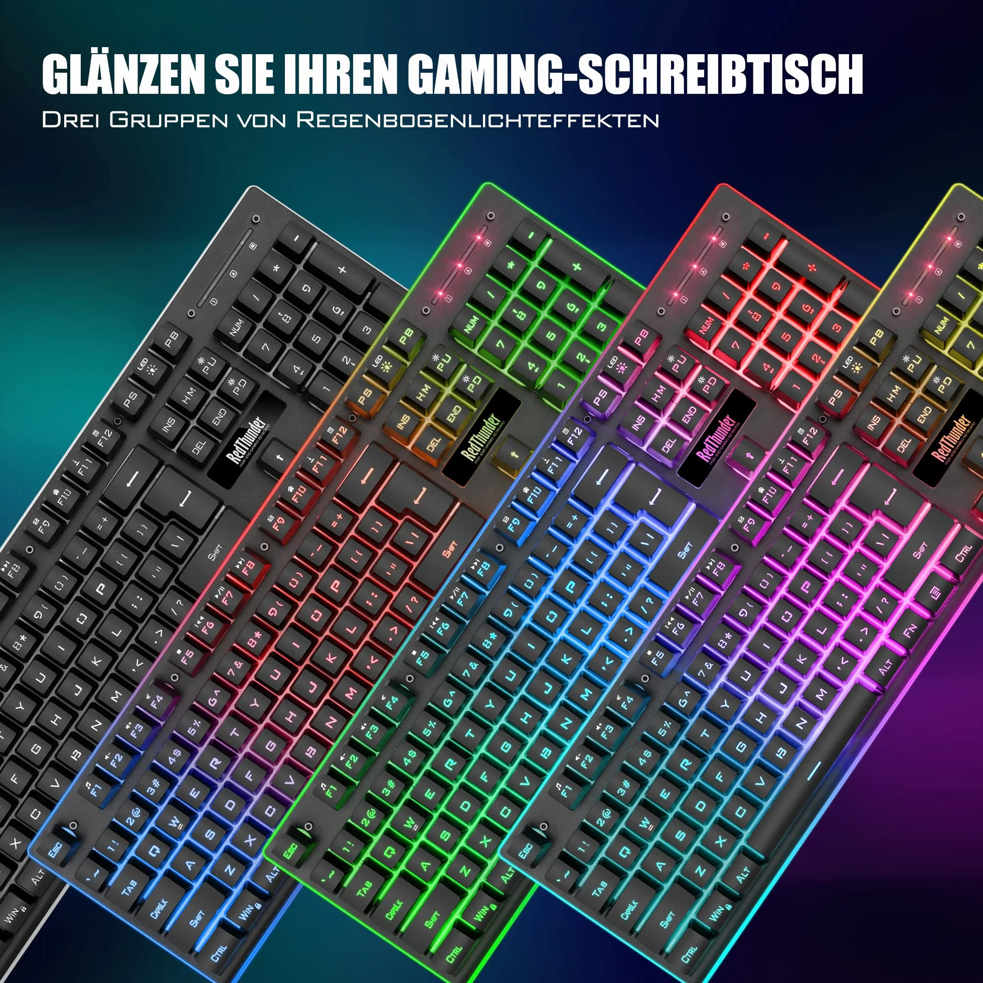 RedThunder K10 Zestaw bezprzewodowej klawiatury i myszy do gier, układ QWERTZ DE, bezprzewodowa klawiatura o pojemności baterii 3000 mA i mysz do gier 3200 DPI dla graczy (czarna)
