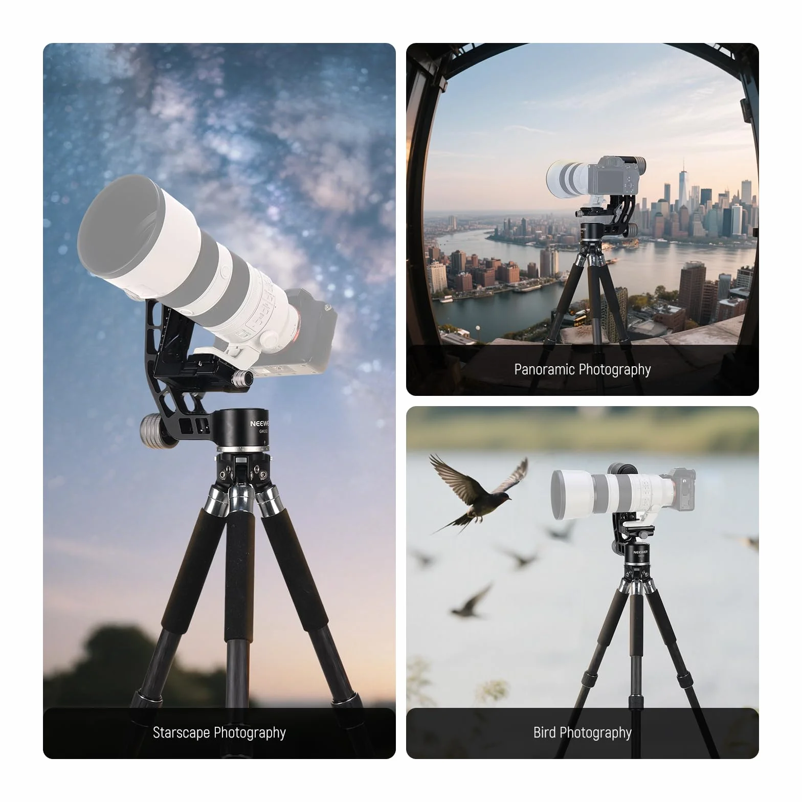 NEEWER GM102 Głowica gimbalowa do statywu monopod teleobiektywu, panoramiczna głowica statywu 360°, regulacja 3-osiowa, wytrzymały stop aluminium CNC, system szybkiego uwalniania typu Arca, maksymalne