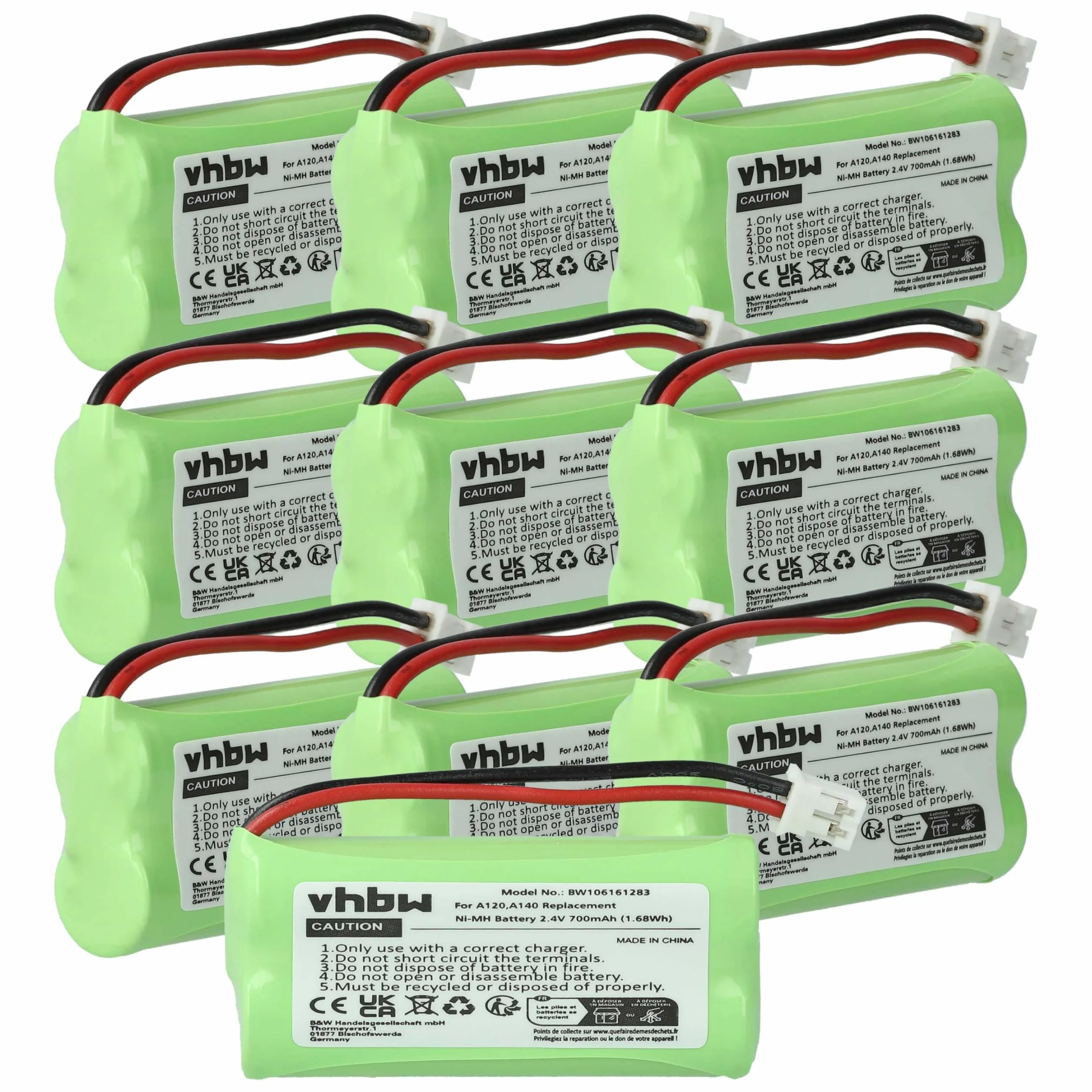 vhbw 10 x bateria zastępuje V30145-K1310-X359, S30852-D1640-X1, T382, T436-U1 do bezprzewodowego telefonu stacjonarnego (700mAh, 2,4V, NiMH)