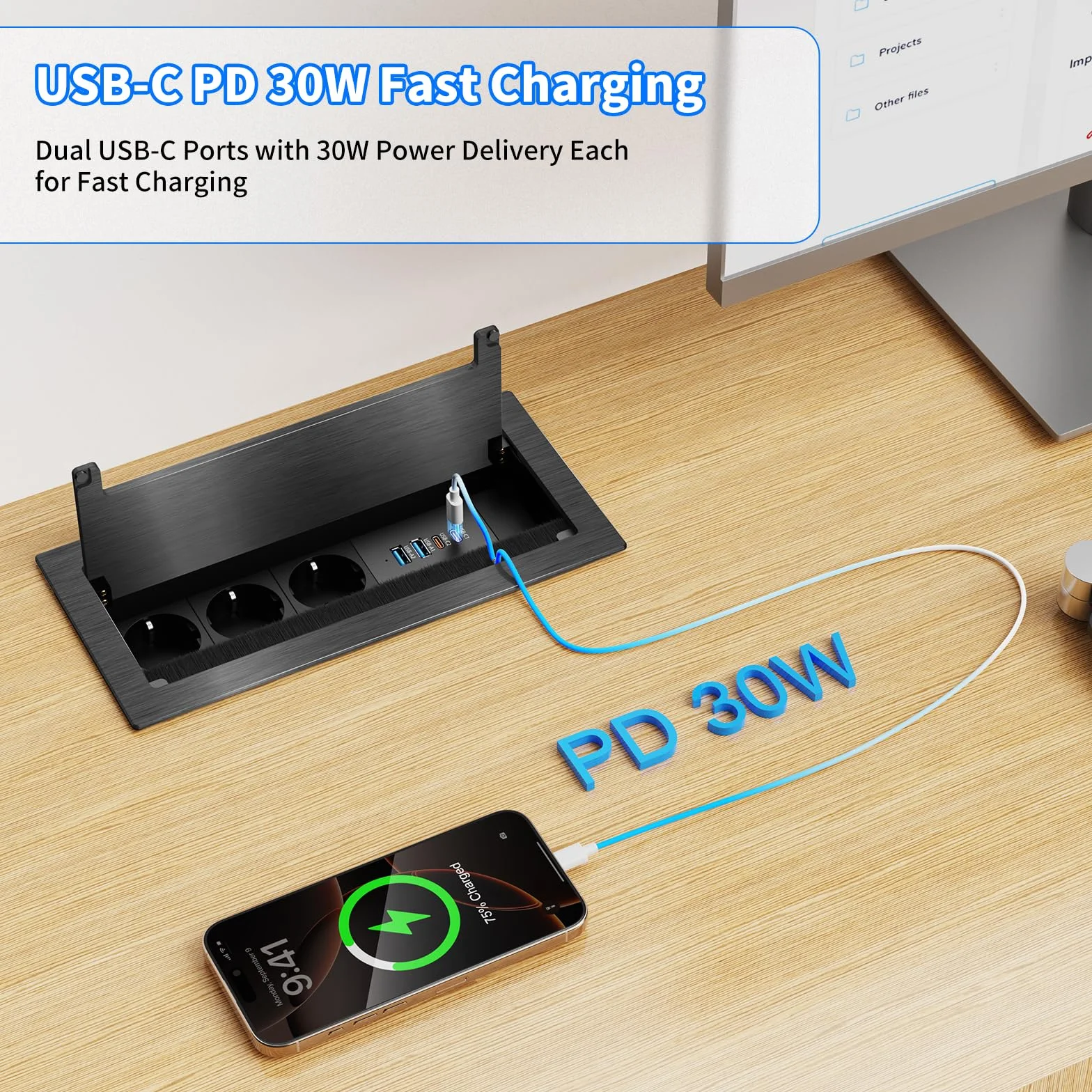 Gniazdko do zabudowy z aluminium, z 3 gniazdami wtykowymi i 4 portami USB (2 x USB-C PD 30 W, 2 x USB-A), chowane gniazdko stołowe na biurko i do biura, kabel 1,8 m, czarne