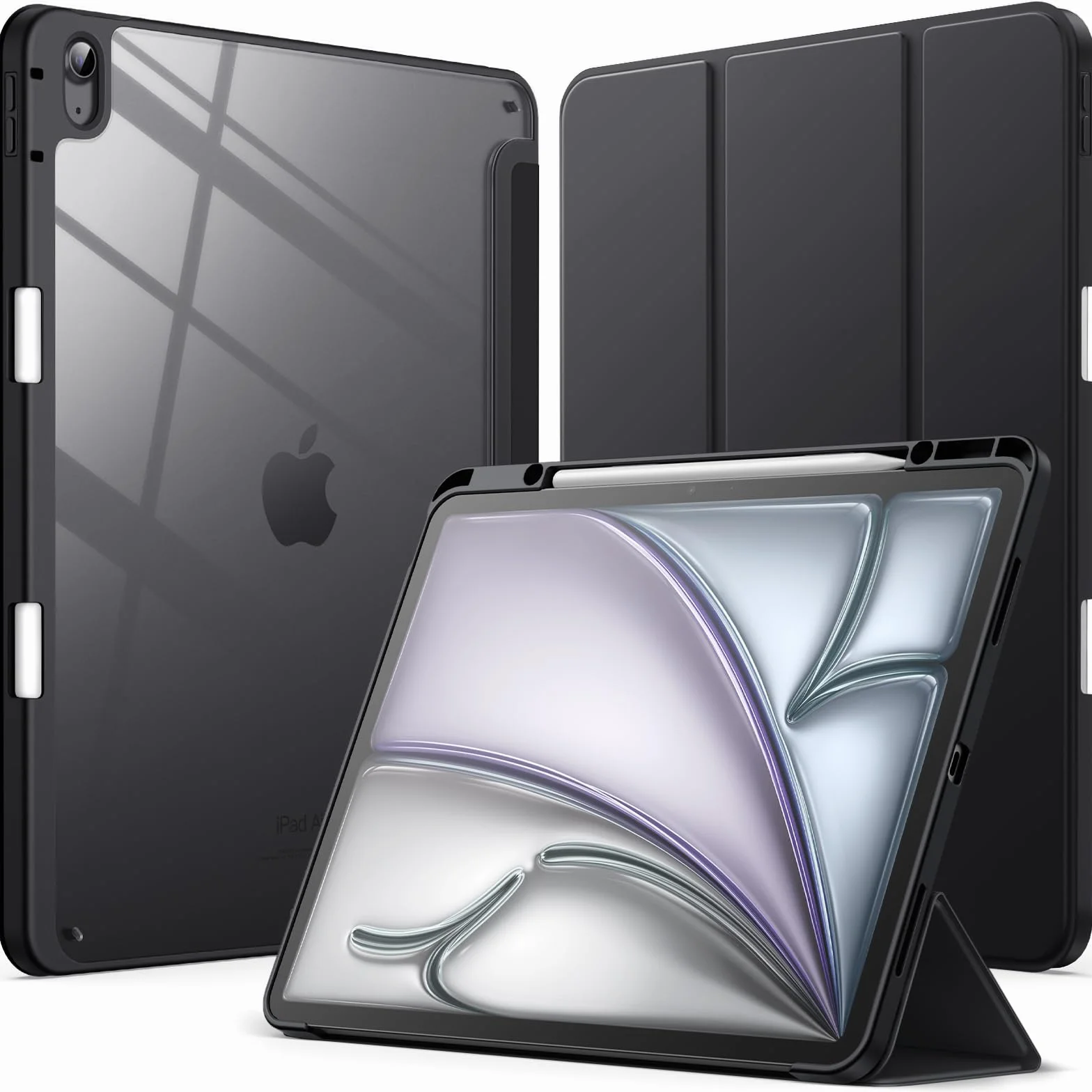 JETech Etui dla iPad Air 13 Cala M4/M3/M2 (2026/2025/2024) z Pencil Uchwyt, Przejaśniać Przezroczyste Tylna Skorupa Smukłą Podstawkę Odporny na Wstrząsy Osłoną Tabletu (Czarny)