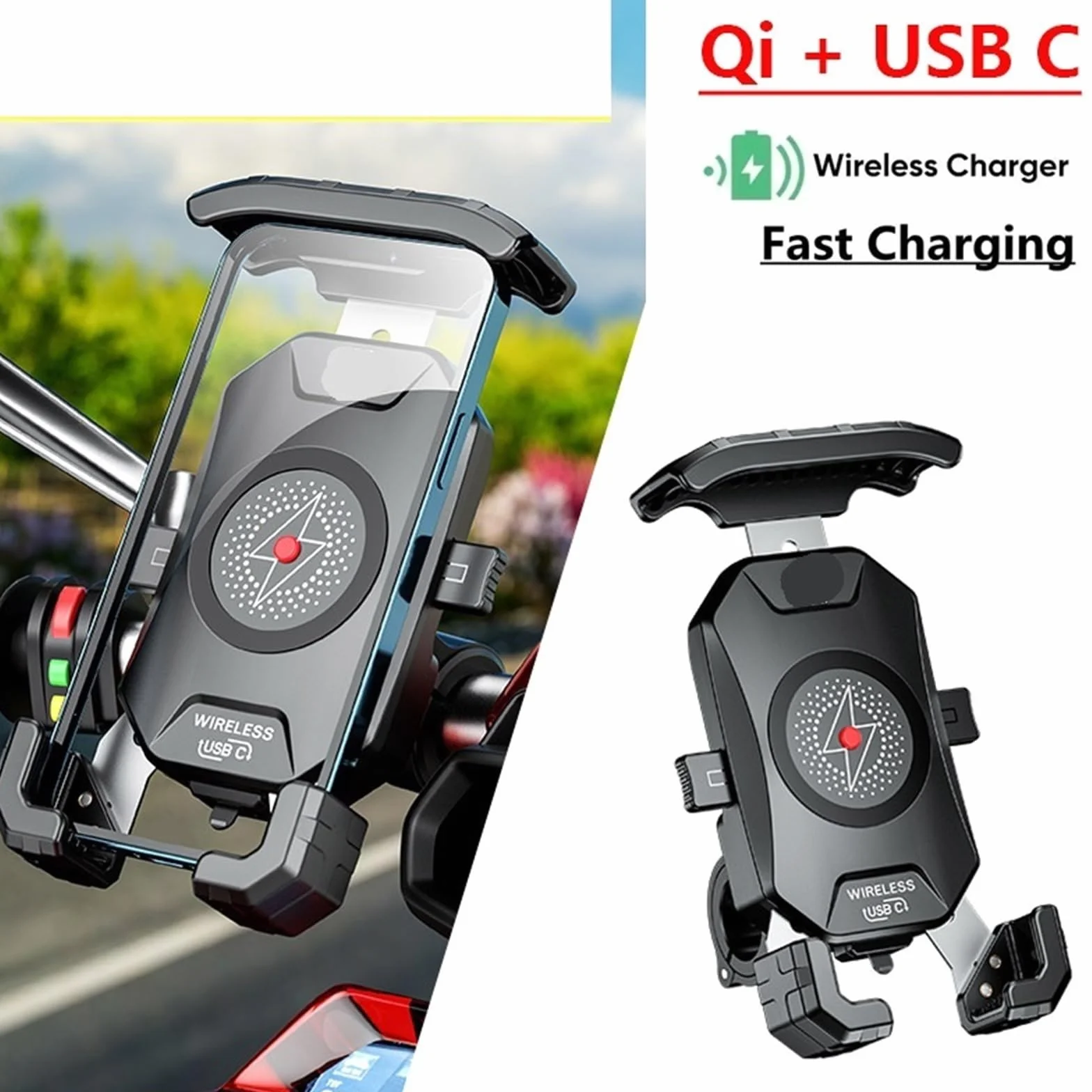 Uchwyt na telefon bezprzewodowy do motocykla z zabezpieczeniem antykradzieżowym, szybka ładowarka, uchwyt na telefon do motocykla 4,0-7,0"(Wireless Charger)