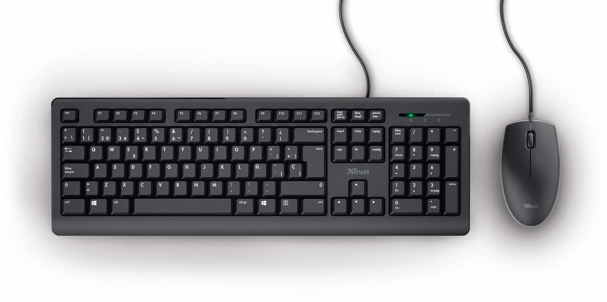 Trust Klawiatura i mysz z kablem – hiszpański układ QWERTY, kabel o długości 1,8 m, port USB, szczelna klawiatura, Windows, Mac, PC, laptop, czarna
