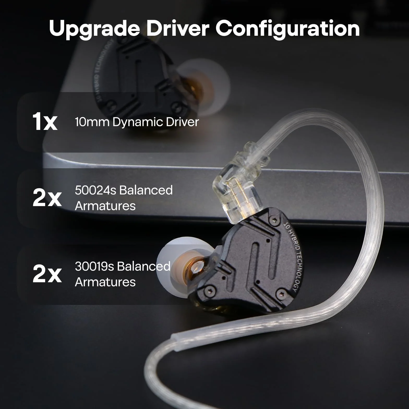 Linsoul KZ ZS10 Pro X Upgraded 1DD+4BA Hybrydowe słuchawki IEM HiFi z frontem ze stopu, odłączany i wpuszczany kabel 2-pinowy dla audiofilskiego muzyka DJ Stage(Bez mikrofonu) | Z płytą czołową ze stopu, odłączany, posrebrzany, wpuszczany 2-pinowy kabel I