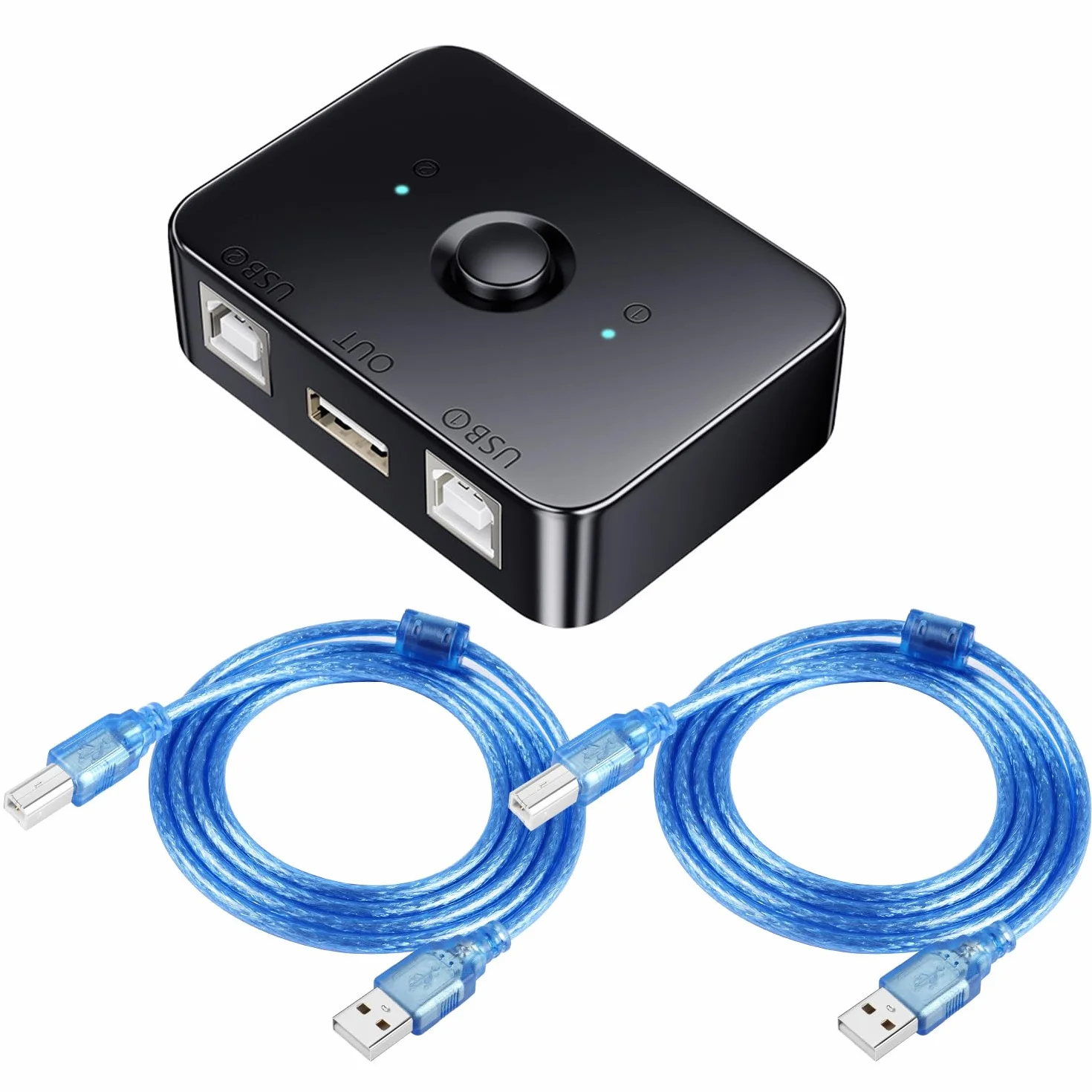 QIANRENON USB2.0 Printer Sharing Switch 2 porty USB B przełącznik drukowania, adapter 2 części komputerowe, 1 drukarka, przełącznik ręczny, ze światłem LED, w zestawie 2 x kabel USB 2.0 do drukarki